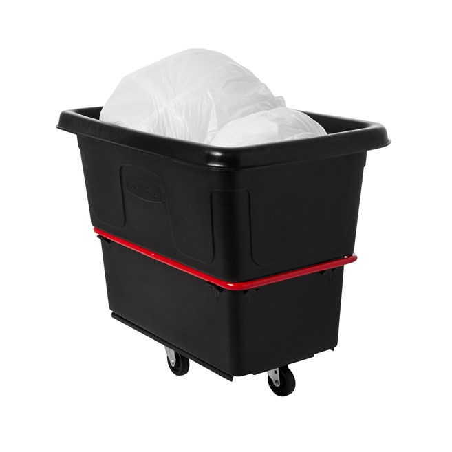 The Rubbermaid Commercial 12 cu ft Heavy-Duty Utility Cube Truck, 800 lbs load capacity, black.