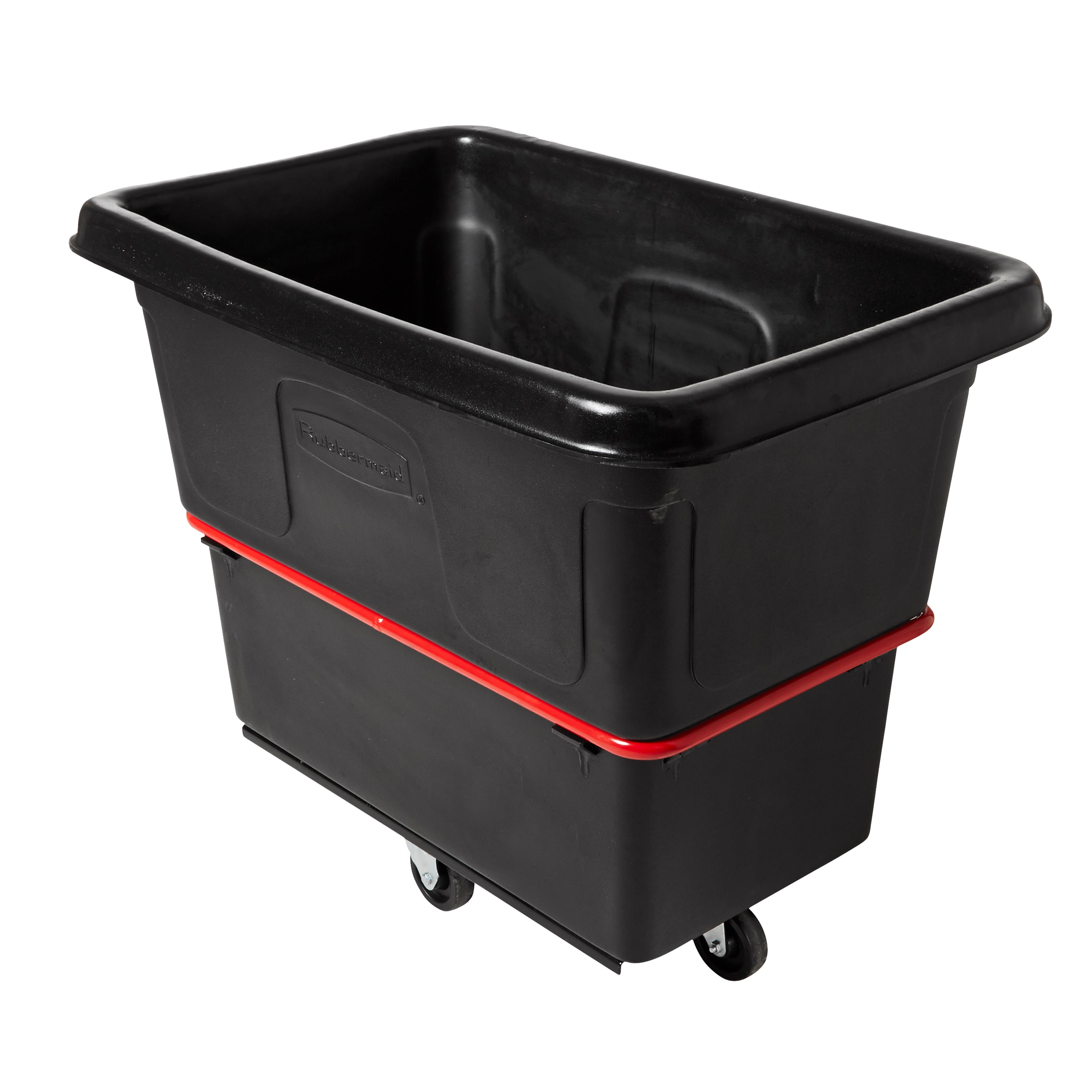 The Rubbermaid Commercial 12 cu ft Heavy-Duty Utility Cube Truck, 800 lbs load capacity, black.