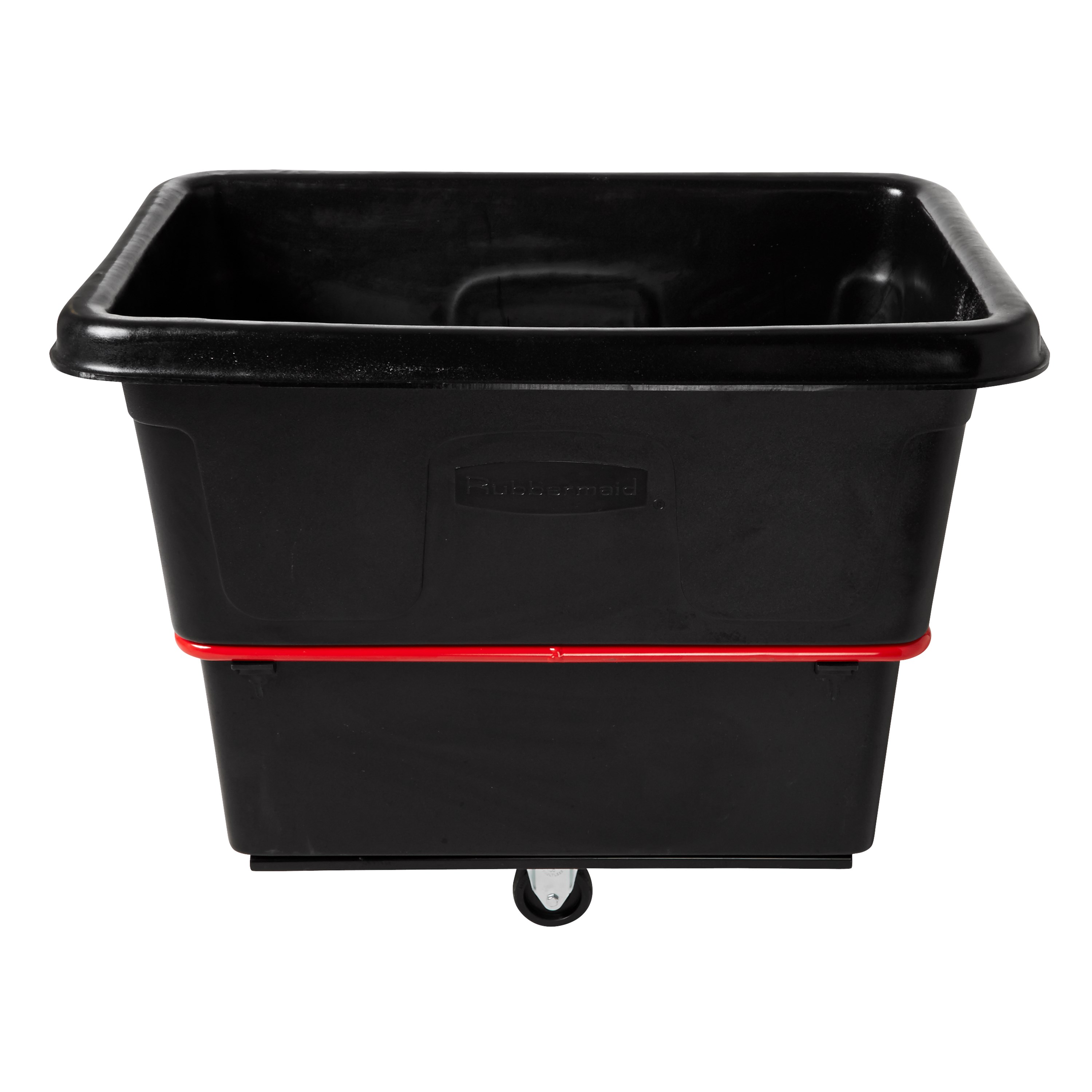 The Rubbermaid Commercial 12 cu ft Heavy-Duty Utility Cube Truck, 800 lbs load capacity, black.