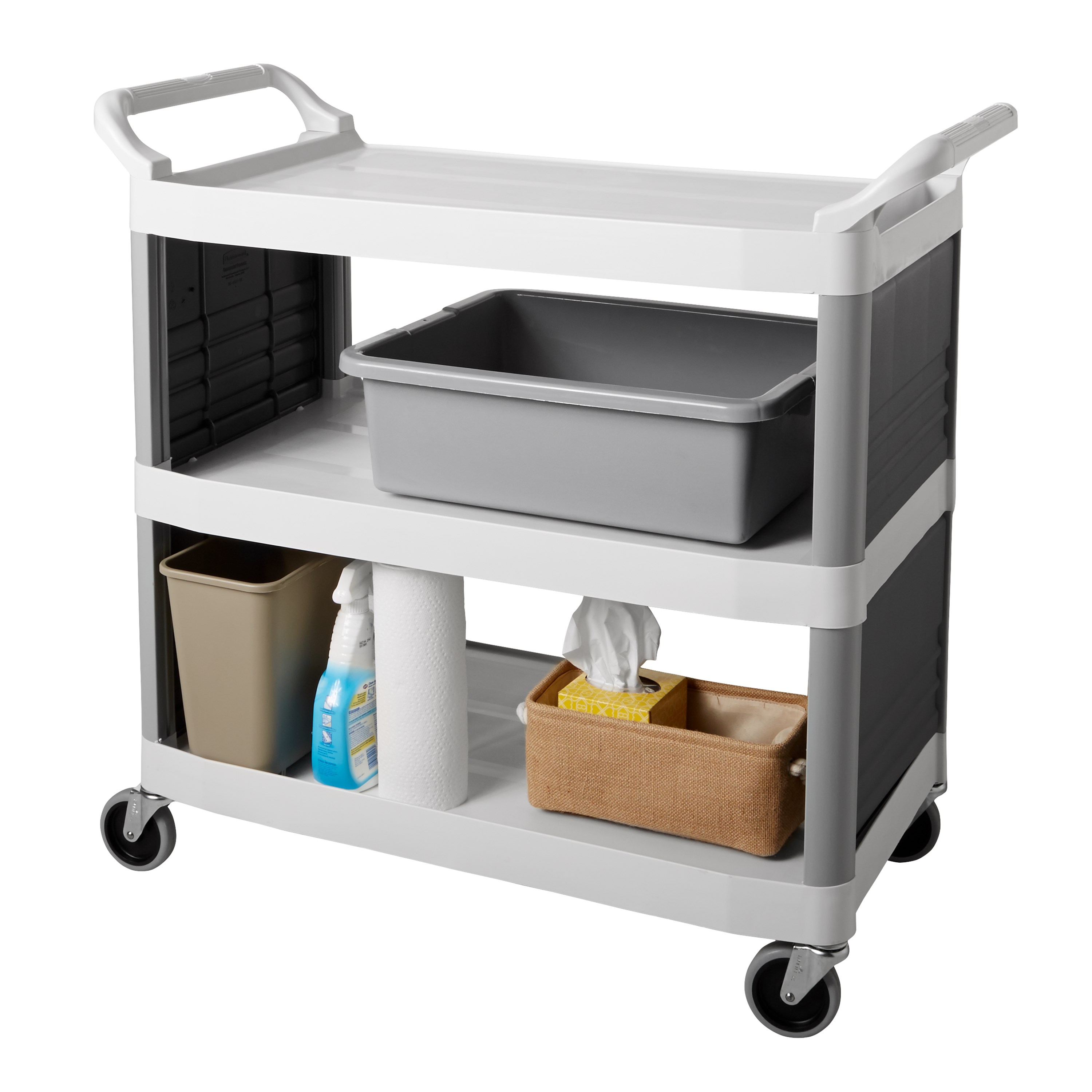 The Rubbermaid Commercial Utility Cart is constructed from durable HDPE (high-density polypropylene) for improved chemical resistance that will not absorb moisture.