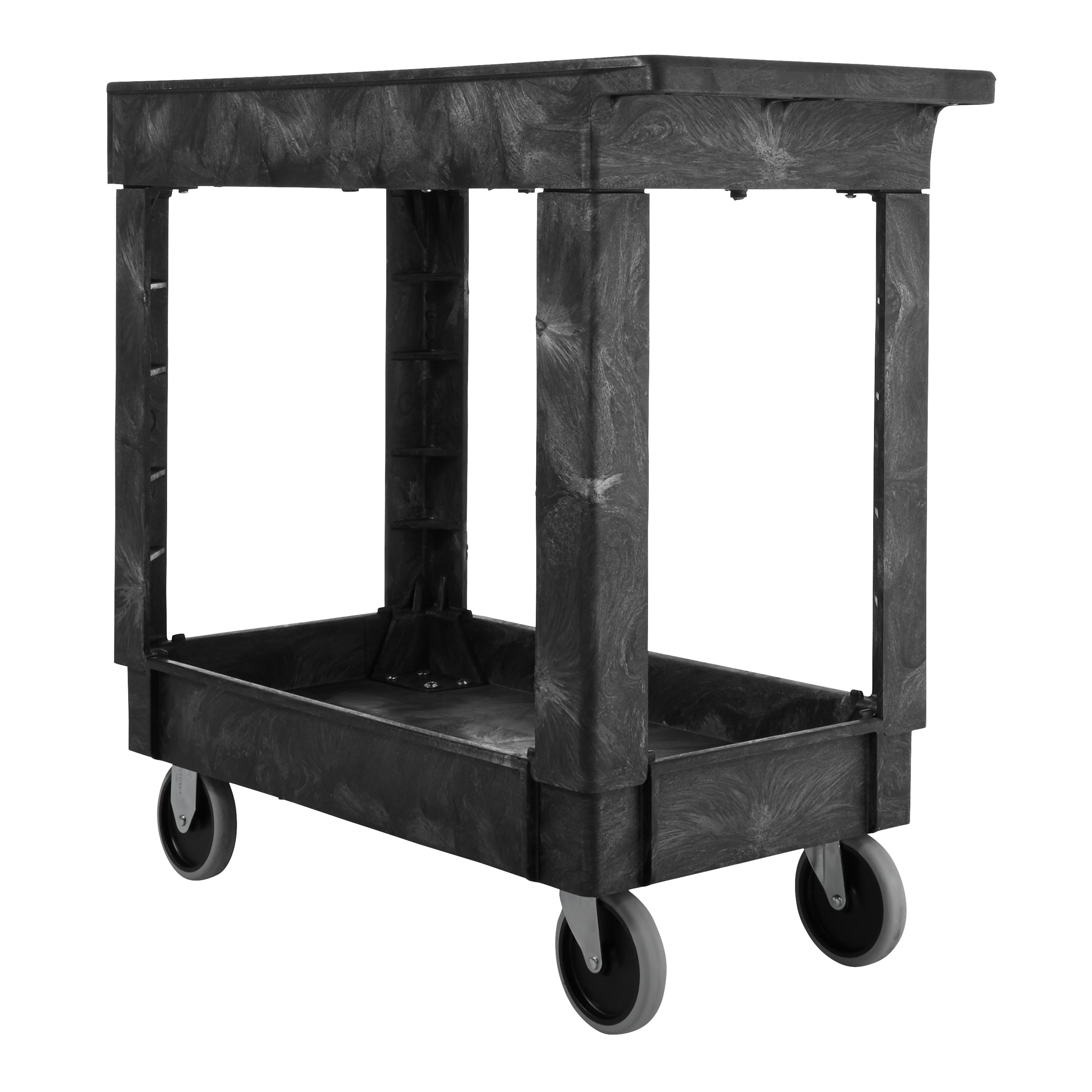 Heavy-Duty Utility Cart with Lipped Shelf transports materials, supplies, and heavy loads securely with up to 500 lbs. load capacity. The lipped shelves prevents items from falling off the cart and features an integrated V-notch to hold pipe and conduit securely for safe cutting.