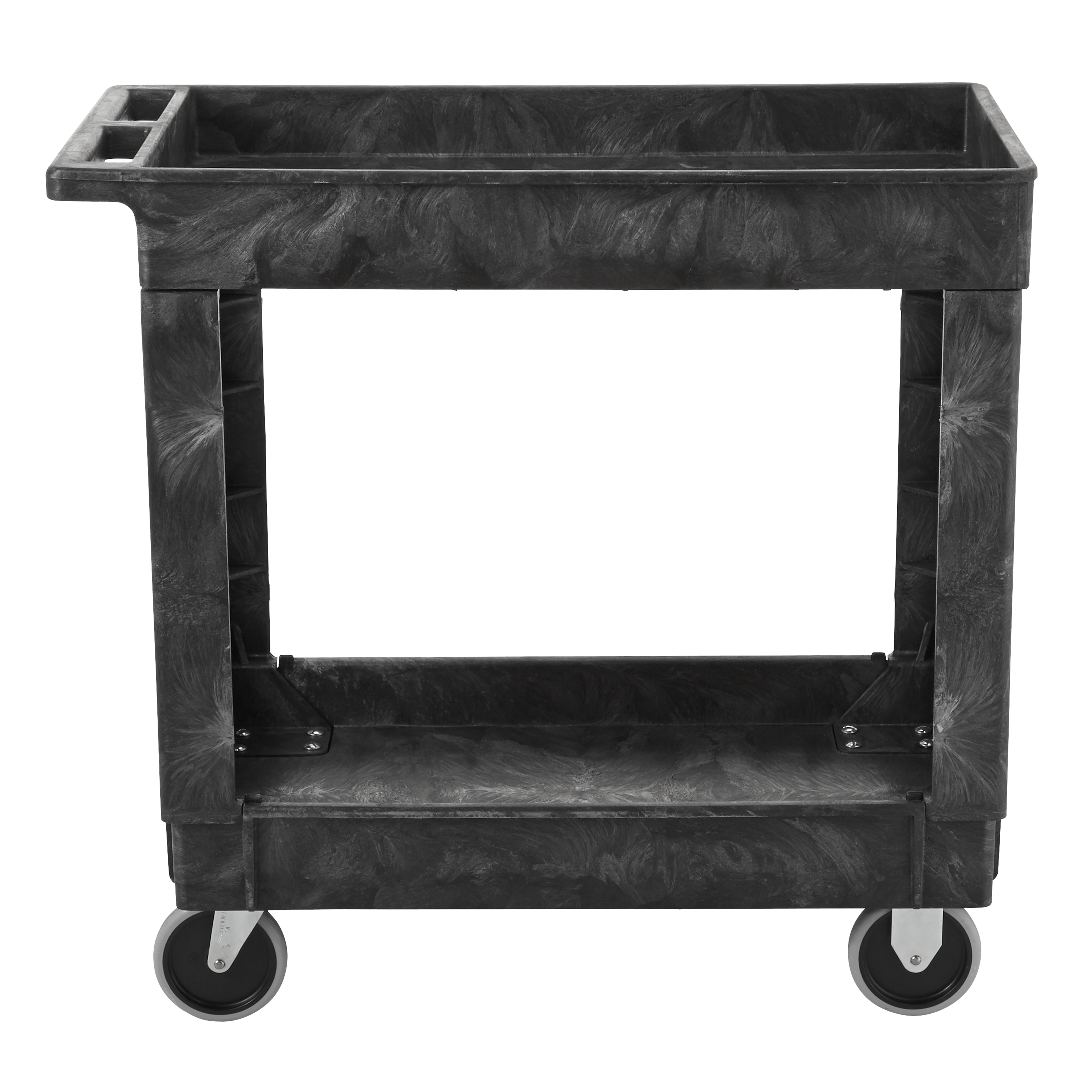 Heavy-Duty Utility Cart with Lipped Shelf transports materials, supplies, and heavy loads securely with up to 500 lbs. load capacity. The lipped shelves prevents items from falling off the cart and features an integrated V-notch to hold pipe and conduit securely for safe cutting.