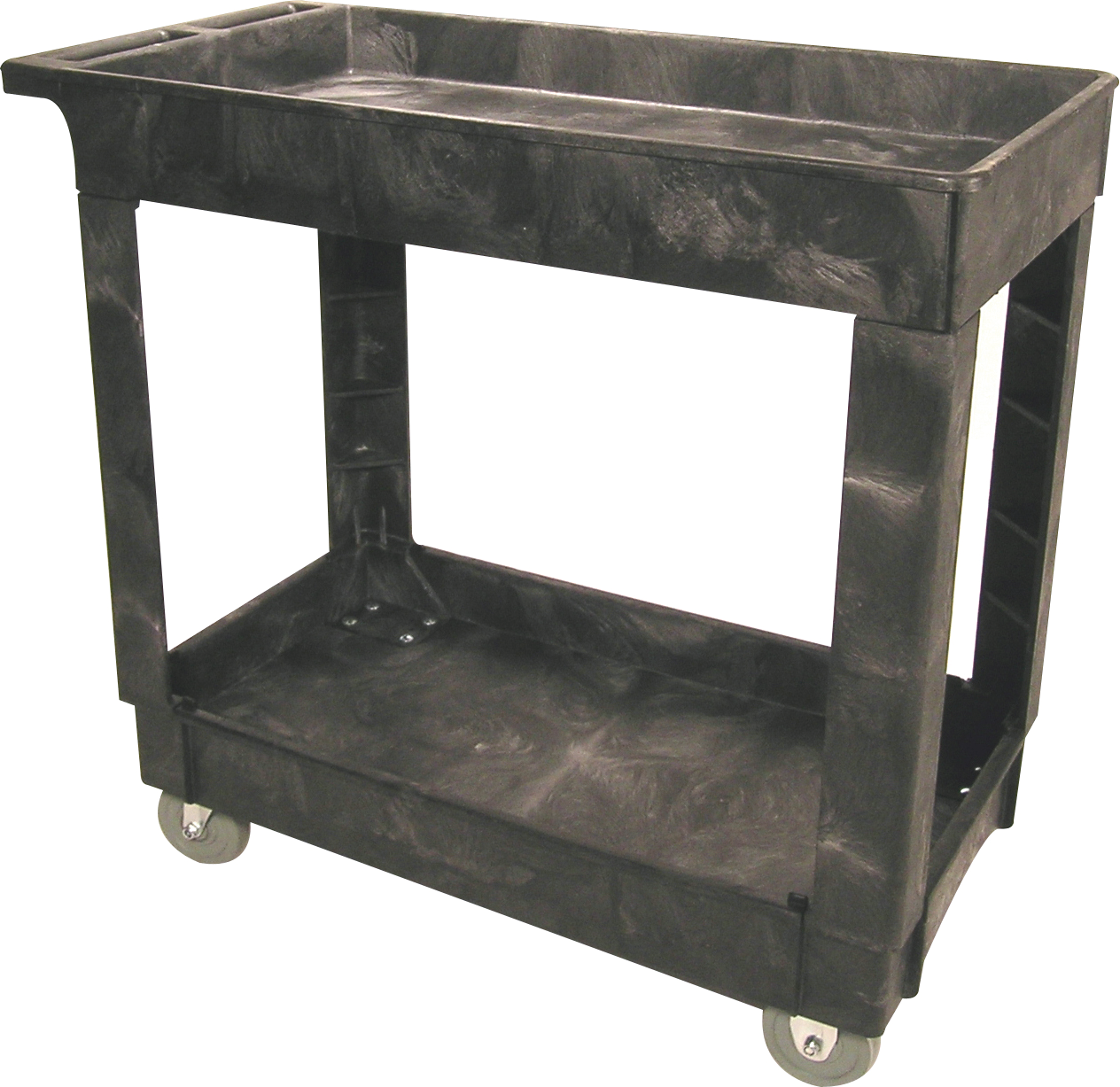 Heavy-Duty Utility Cart with Lipped Shelf transports materials, supplies, and heavy loads securely with up to 500 lbs. load capacity. The lipped shelves prevents items from falling off the cart and features an integrated V-notch to hold pipe and conduit securely for safe cutting.