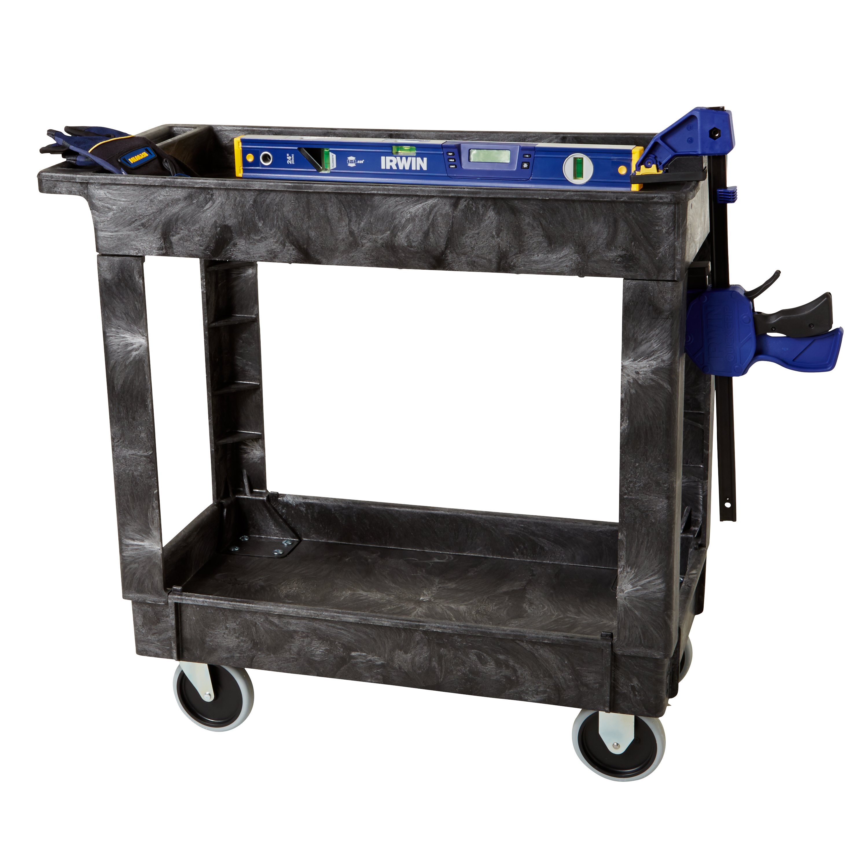 Heavy-Duty Utility Cart with Lipped Shelf transports materials, supplies, and heavy loads securely with up to 500 lbs. load capacity. The lipped shelves prevents items from falling off the cart and features an integrated V-notch to hold pipe and conduit securely for safe cutting.