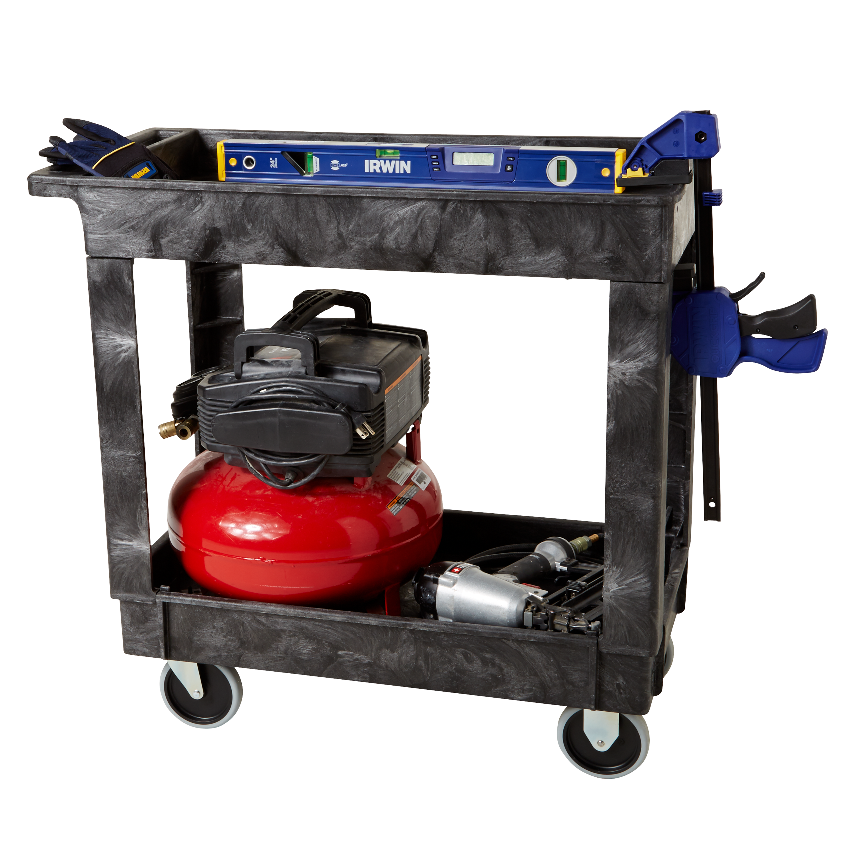 Heavy-Duty Utility Cart with Lipped Shelf transports materials, supplies, and heavy loads securely with up to 500 lbs. load capacity. The lipped shelves prevents items from falling off the cart and features an integrated V-notch to hold pipe and conduit securely for safe cutting.