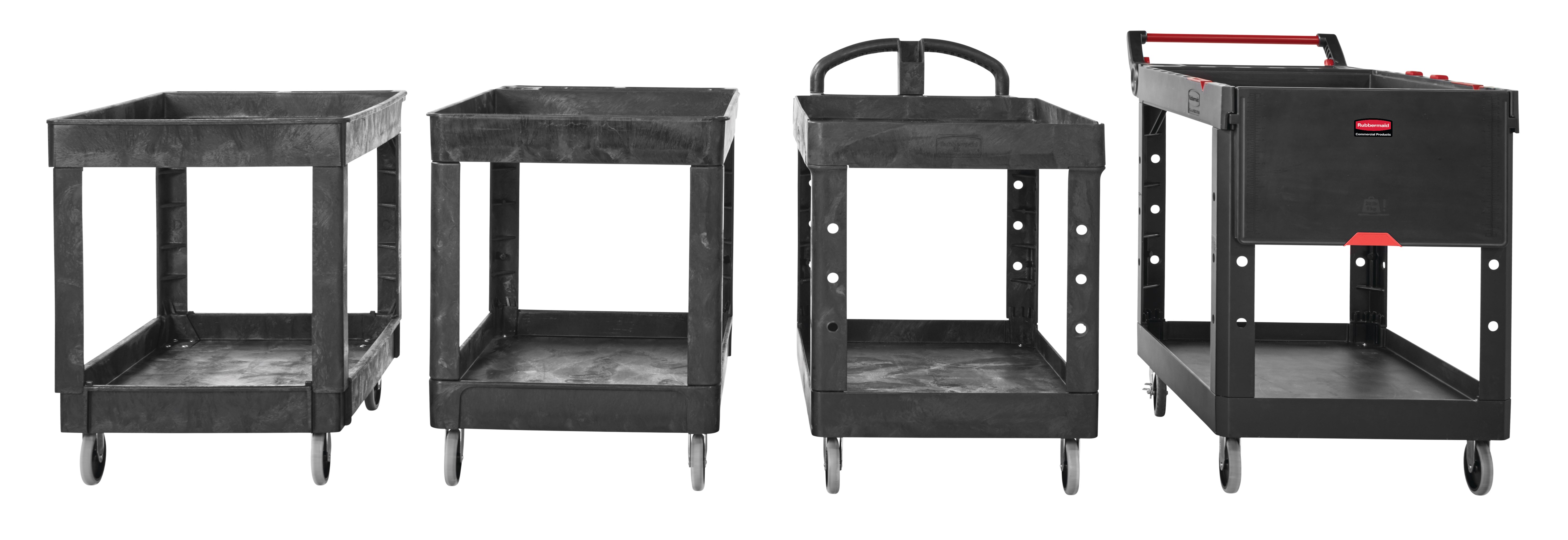 リップ付き棚付きヘビーデューティユーティリティカートは、最大500ポンドの耐荷重で、材料、供給品、重い荷物を安全に運搬します。棚板は荷物の落下を防ぎ、パイプや電線管を安全に切断するためのV字型ノッチを備えています。