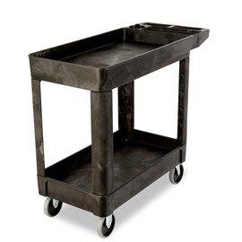 Heavy-Duty Utility Cart with Lipped Shelf transports materials, supplies, and heavy loads securely with up to 500 lbs. load capacity. The lipped shelves prevents items from falling off the cart and features an integrated V-notch to hold pipe and conduit securely for safe cutting.