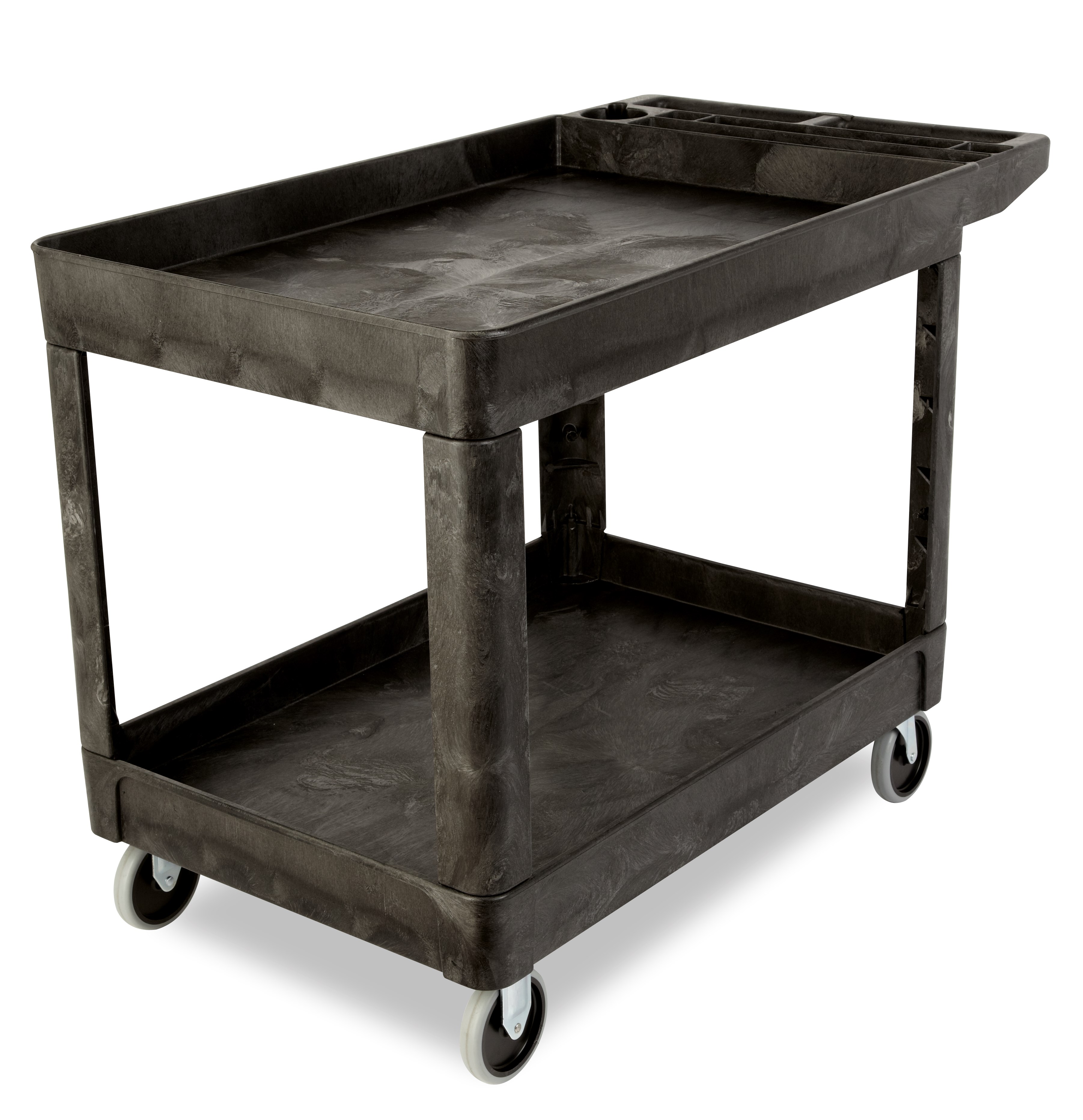 Heavy-Duty Utility Cart with Lipped Shelf transports materials, supplies, and heavy loads securely with up to 500 lbs. load capacity. The lipped shelves prevents items from falling off the cart and features an integrated V-notch to hold pipe and conduit securely for safe cutting.