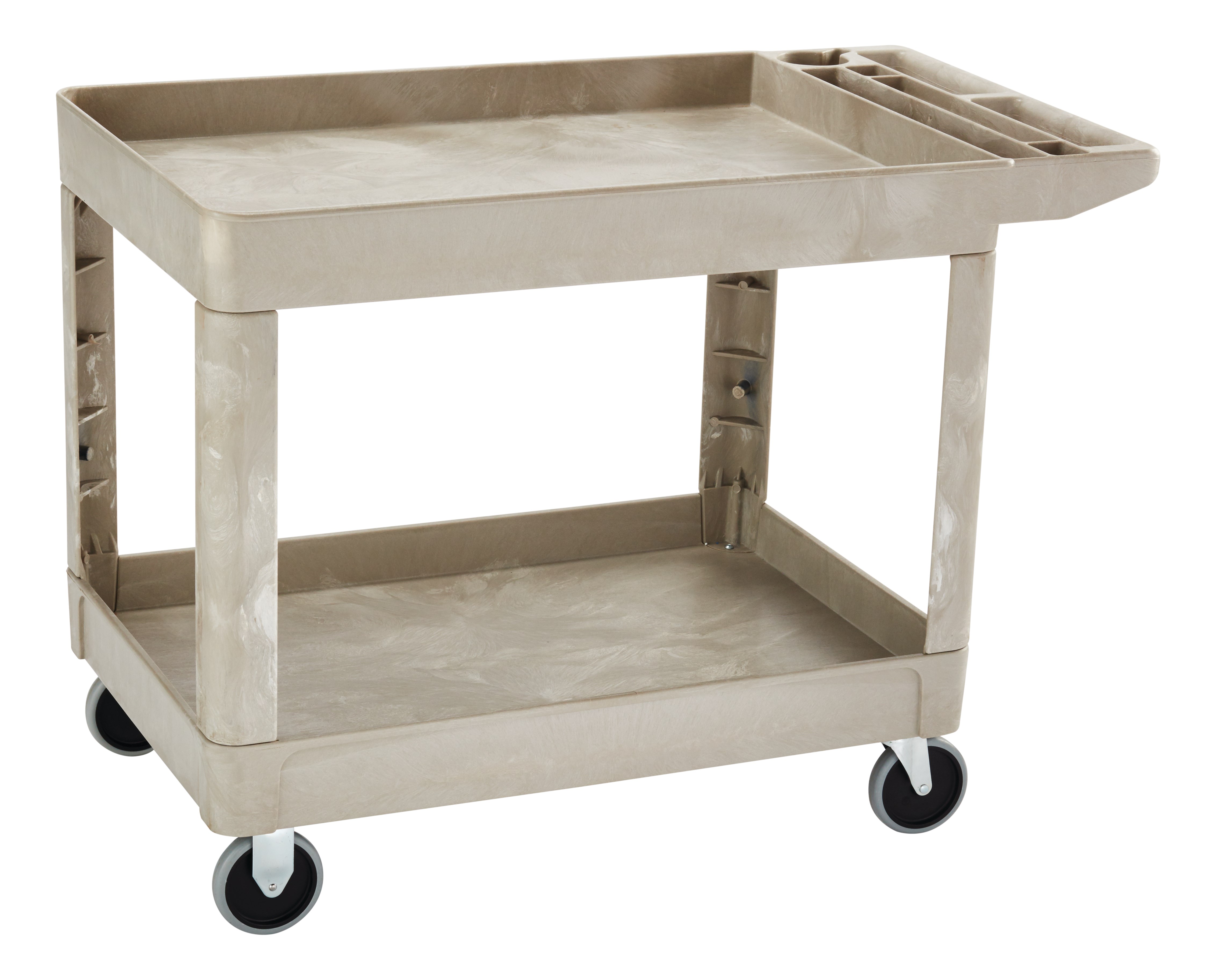 Heavy-Duty Utility Cart with Lipped Shelf transports materials, supplies, and heavy loads securely with up to 500 lbs. load capacity. The lipped shelves prevents items from falling off the cart and features an integrated V-notch to hold pipe and conduit securely for safe cutting.