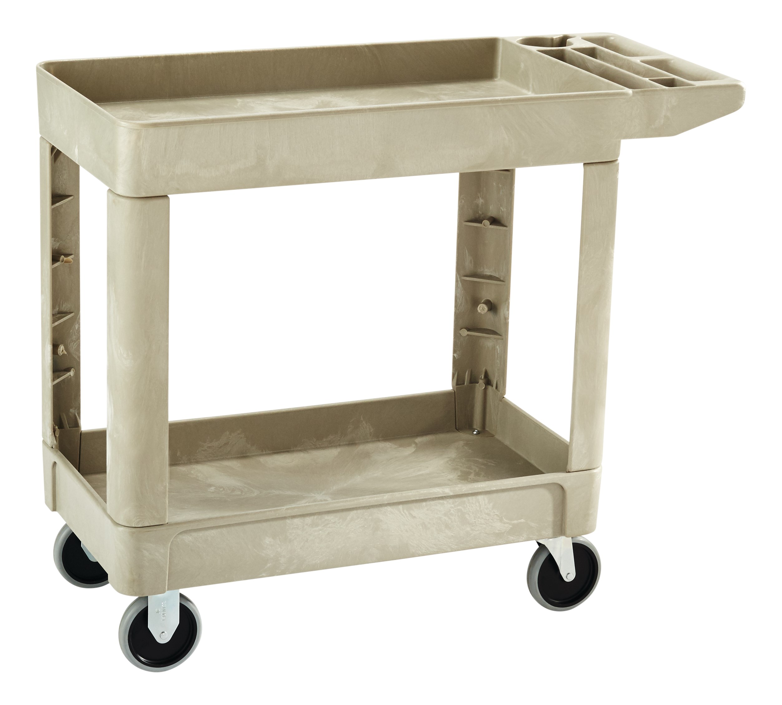 Heavy-Duty Utility Cart with Lipped Shelf transports materials, supplies, and heavy loads securely with up to 500 lbs. load capacity. The lipped shelves prevents items from falling off the cart and features an integrated V-notch to hold pipe and conduit securely for safe cutting.