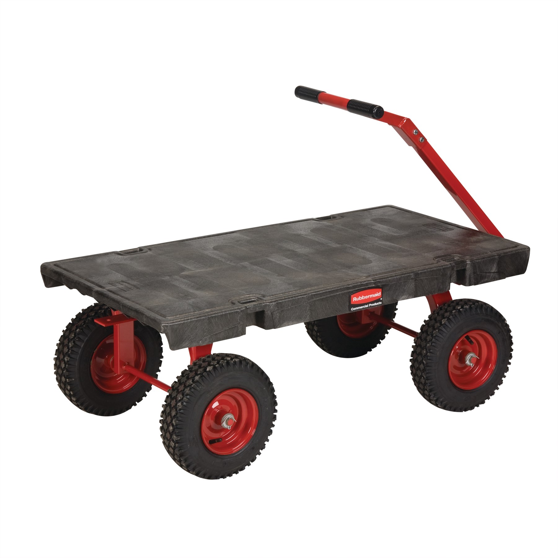 The Rubbermaid Commercial Fifth-Wheel Wagon Truck allows the front axle to easily pivot, providing the hand truck with superior maneuverability.