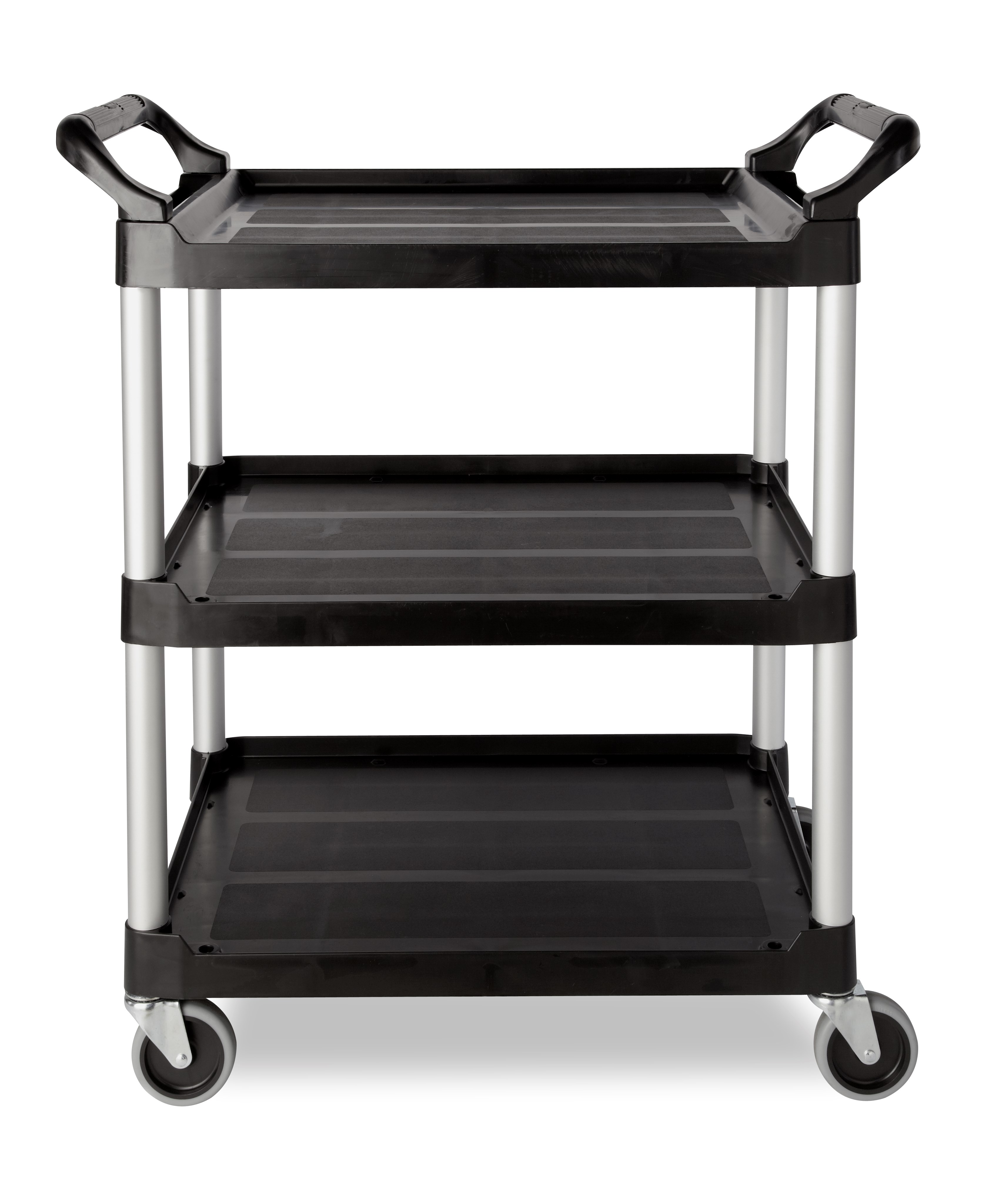 Service Utility Cart with 4-inch Swivel Casters is a versatile, durable cart that can perform a wide variety of tasks. This rolling utility cart has non-marking swivel casters for smooth movement and raised arms on both sides for easy maneuverability.