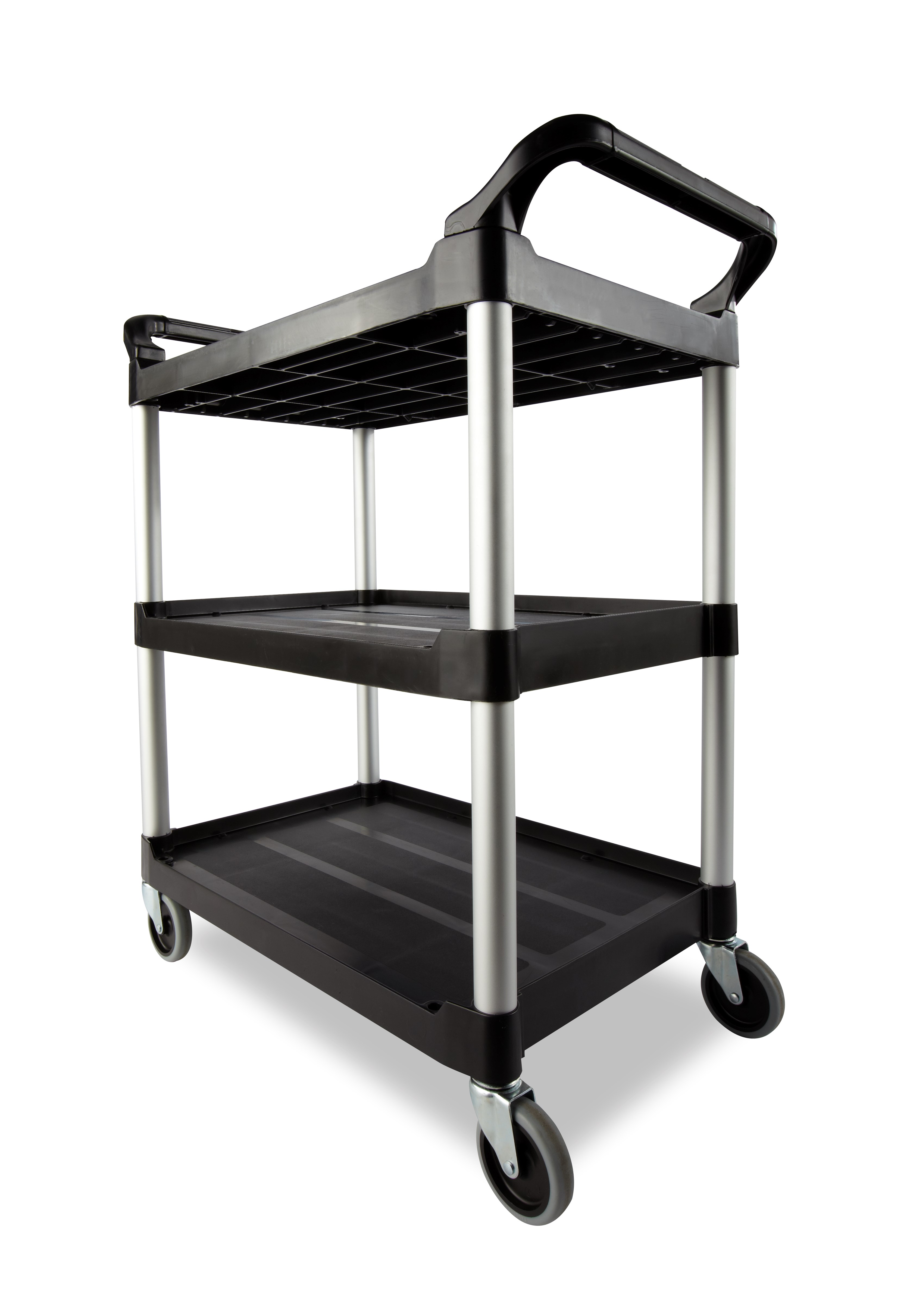 Service Utility Cart with 4-inch Swivel Casters is a versatile, durable cart that can perform a wide variety of tasks. This rolling utility cart has non-marking swivel casters for smooth movement and raised arms on both sides for easy maneuverability.