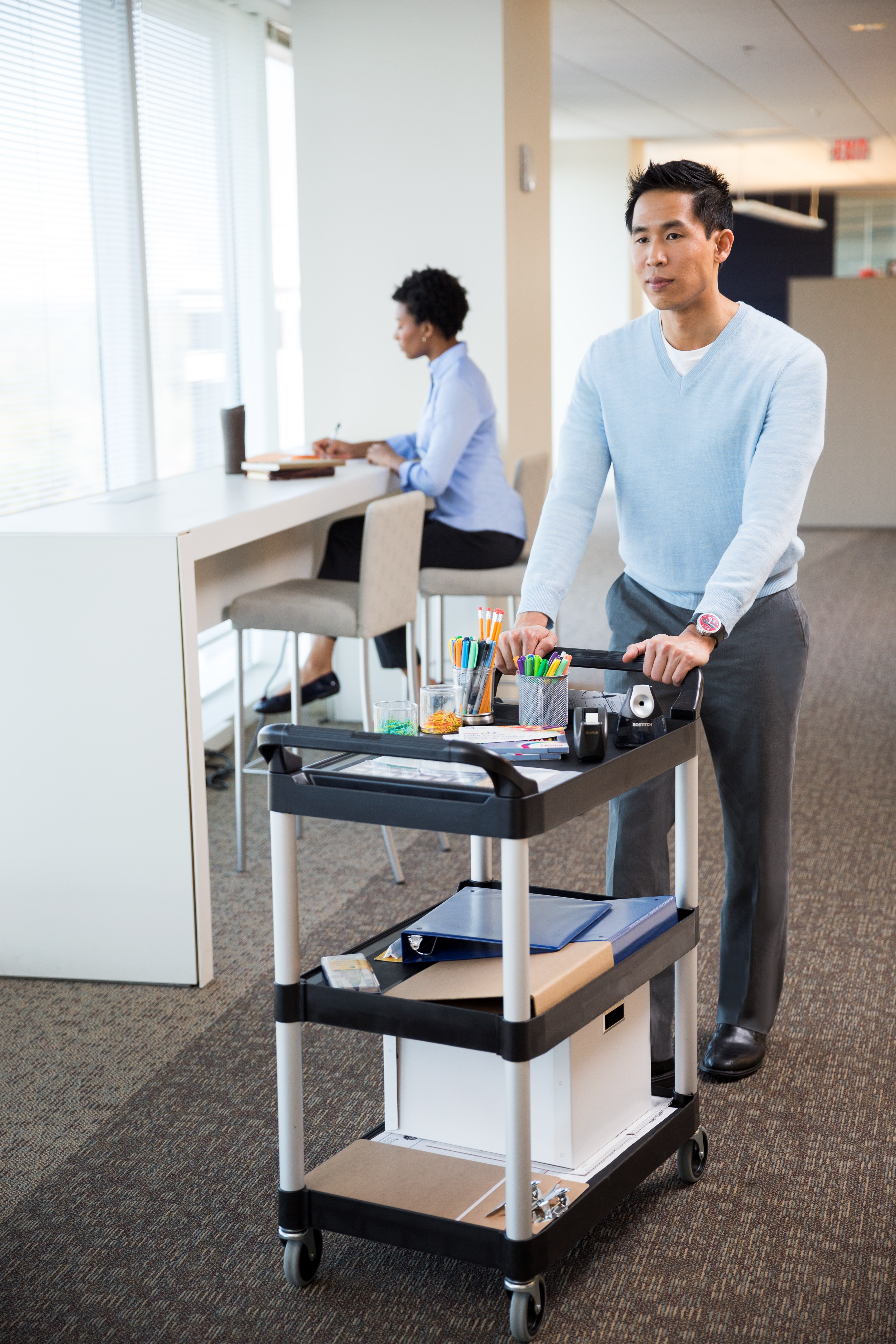 Service Utility Cart with 4-inch Swivel Casters is a versatile, durable cart that can perform a wide variety of tasks. This rolling utility cart has non-marking swivel casters for smooth movement and raised arms on both sides for easy maneuverability.