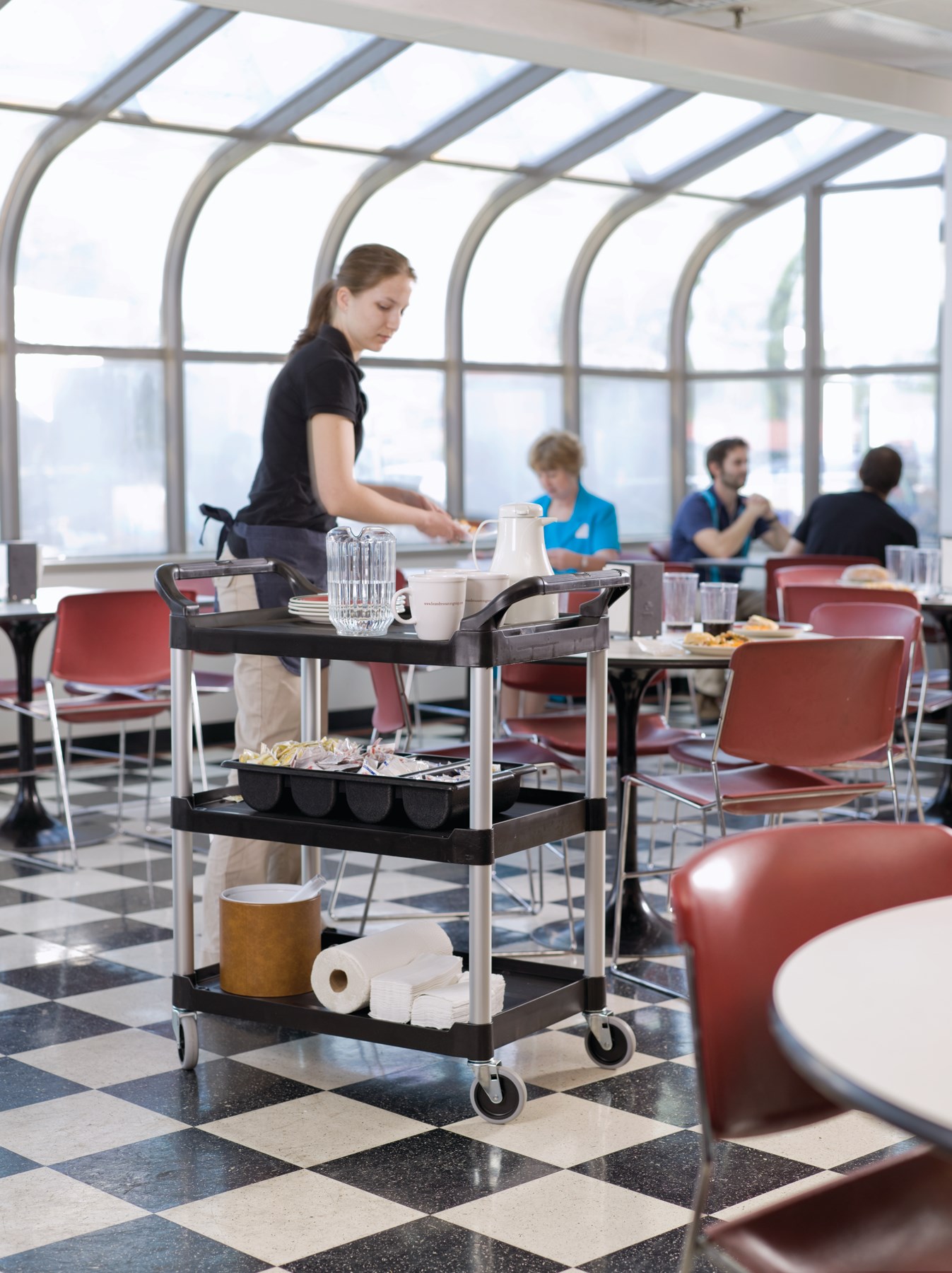 Service Utility Cart with 4-inch Swivel Casters is a versatile, durable cart that can perform a wide variety of tasks. This rolling utility cart has non-marking swivel casters for smooth movement and raised arms on both sides for easy maneuverability.