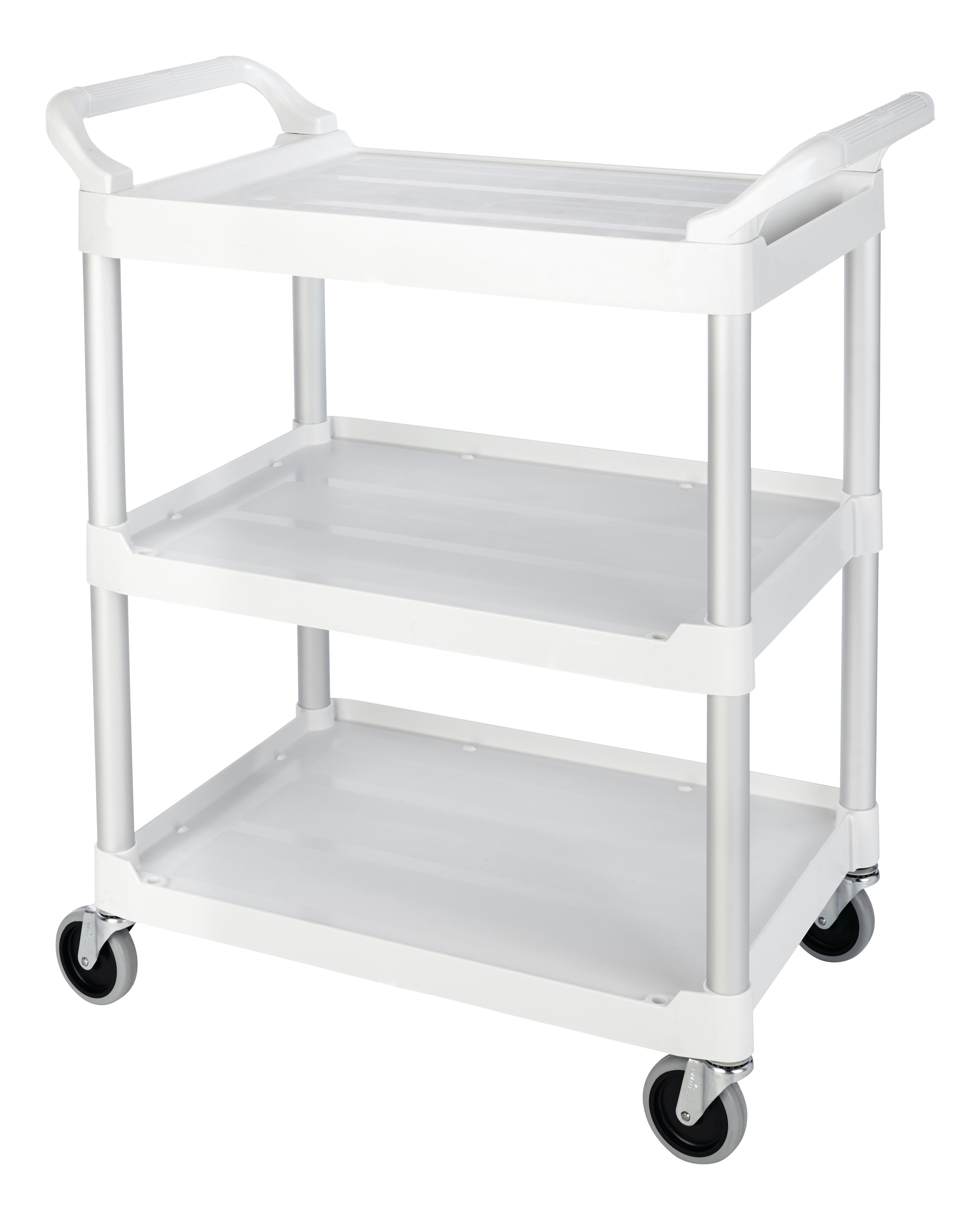 Service Utility Cart with 4-inch Swivel Casters is a versatile, durable cart that can perform a wide variety of tasks. This rolling utility cart has non-marking swivel casters for smooth movement and raised arms on both sides for easy maneuverability.