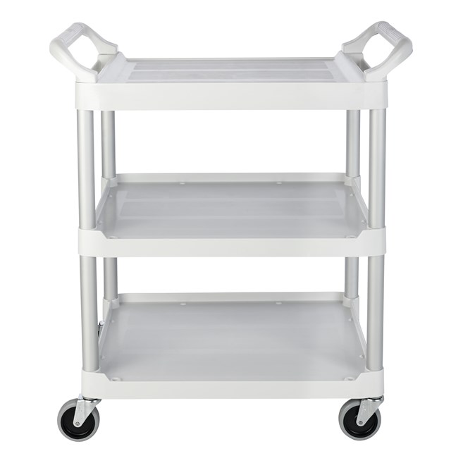 Service Utility Cart with 4-inch Swivel Casters is a versatile, durable cart that can perform a wide variety of tasks. This rolling utility cart has non-marking swivel casters for smooth movement and raised arms on both sides for easy maneuverability.