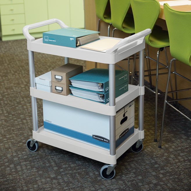 Service Utility Cart with 4-inch Swivel Casters is a versatile, durable cart that can perform a wide variety of tasks. This rolling utility cart has non-marking swivel casters for smooth movement and raised arms on both sides for easy maneuverability.