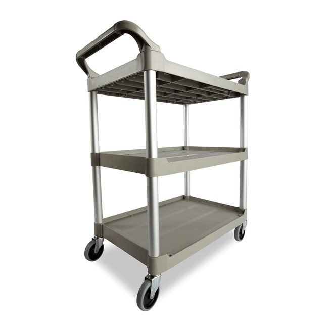 Service Utility Cart with 4-inch Swivel Casters is a versatile, durable cart that can perform a wide variety of tasks. This rolling utility cart has non-marking swivel casters for smooth movement and raised arms on both sides for easy maneuverability.