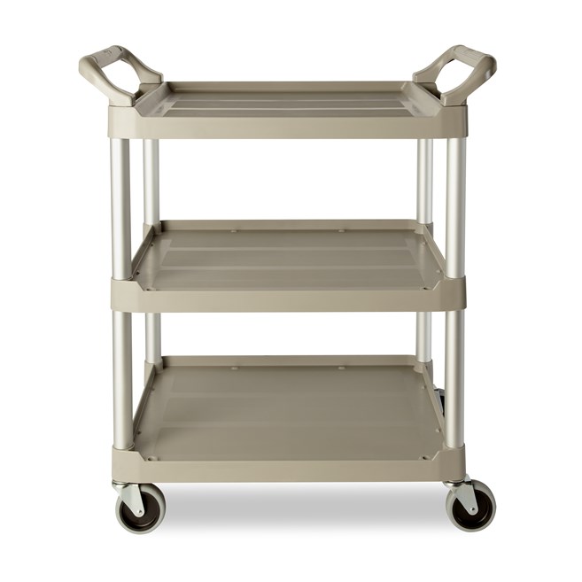 Service Utility Cart with 4-inch Swivel Casters is a versatile, durable cart that can perform a wide variety of tasks. This rolling utility cart has non-marking swivel casters for smooth movement and raised arms on both sides for easy maneuverability.