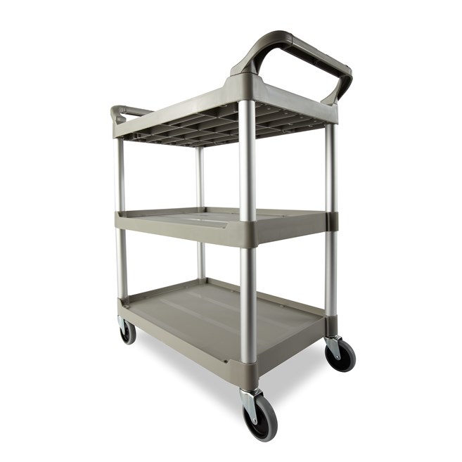 Service Utility Cart with 4-inch Swivel Casters is a versatile, durable cart that can perform a wide variety of tasks. This rolling utility cart has non-marking swivel casters for smooth movement and raised arms on both sides for easy maneuverability.