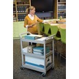 Service Utility Cart with 4-inch Swivel Casters is a versatile, durable cart that can perform a wide variety of tasks. This rolling utility cart has non-marking swivel casters for smooth movement and raised arms on both sides for easy maneuverability.