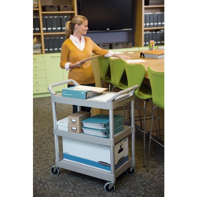 Service Utility Cart with 4-inch Swivel Casters is a versatile, durable cart that can perform a wide variety of tasks. This rolling utility cart has non-marking swivel casters for smooth movement and raised arms on both sides for easy maneuverability.