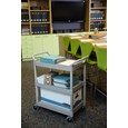 Service Utility Cart with 4-inch Swivel Casters is a versatile, durable cart that can perform a wide variety of tasks. This rolling utility cart has non-marking swivel casters for smooth movement and raised arms on both sides for easy maneuverability.