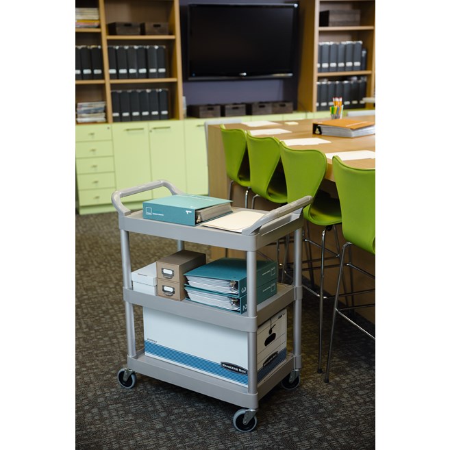 Service Utility Cart with 4-inch Swivel Casters is a versatile, durable cart that can perform a wide variety of tasks. This rolling utility cart has non-marking swivel casters for smooth movement and raised arms on both sides for easy maneuverability.