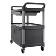 The Rubbermaid Commercial Xtra Instrument and Utility Cart is a rolling utility cart with two shelves, a lockable cabinet and a sliding drawer.