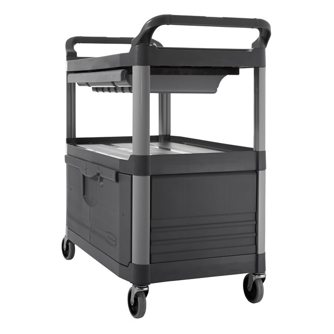 The Rubbermaid Commercial Xtra Instrument and Utility Cart is a rolling utility cart with two shelves, a lockable cabinet and a sliding drawer.