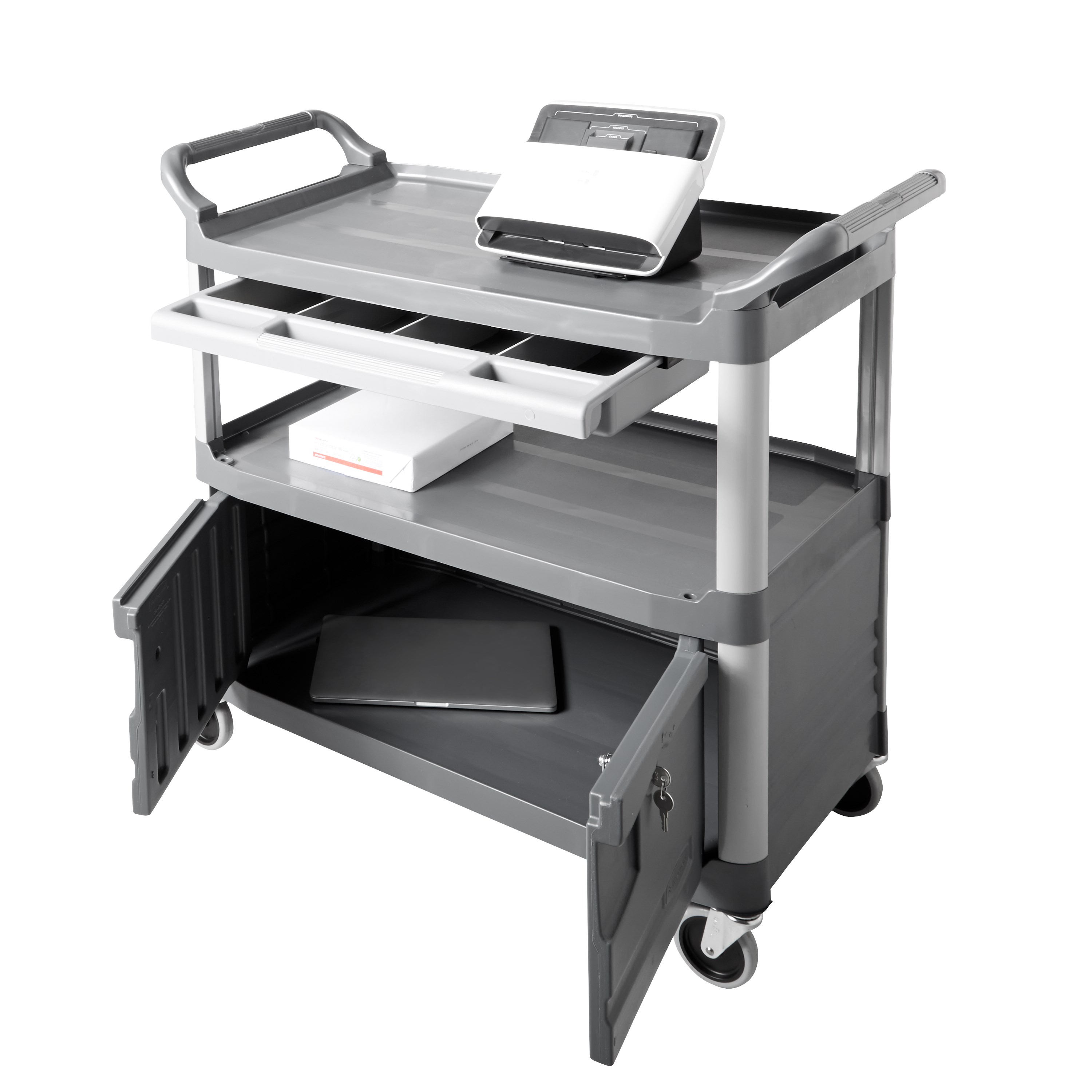 Xtra™ Instrument Cart with Lockable Doors and Sliding Drawers is a durable storage and transportation cart for front and back-of-house applications.