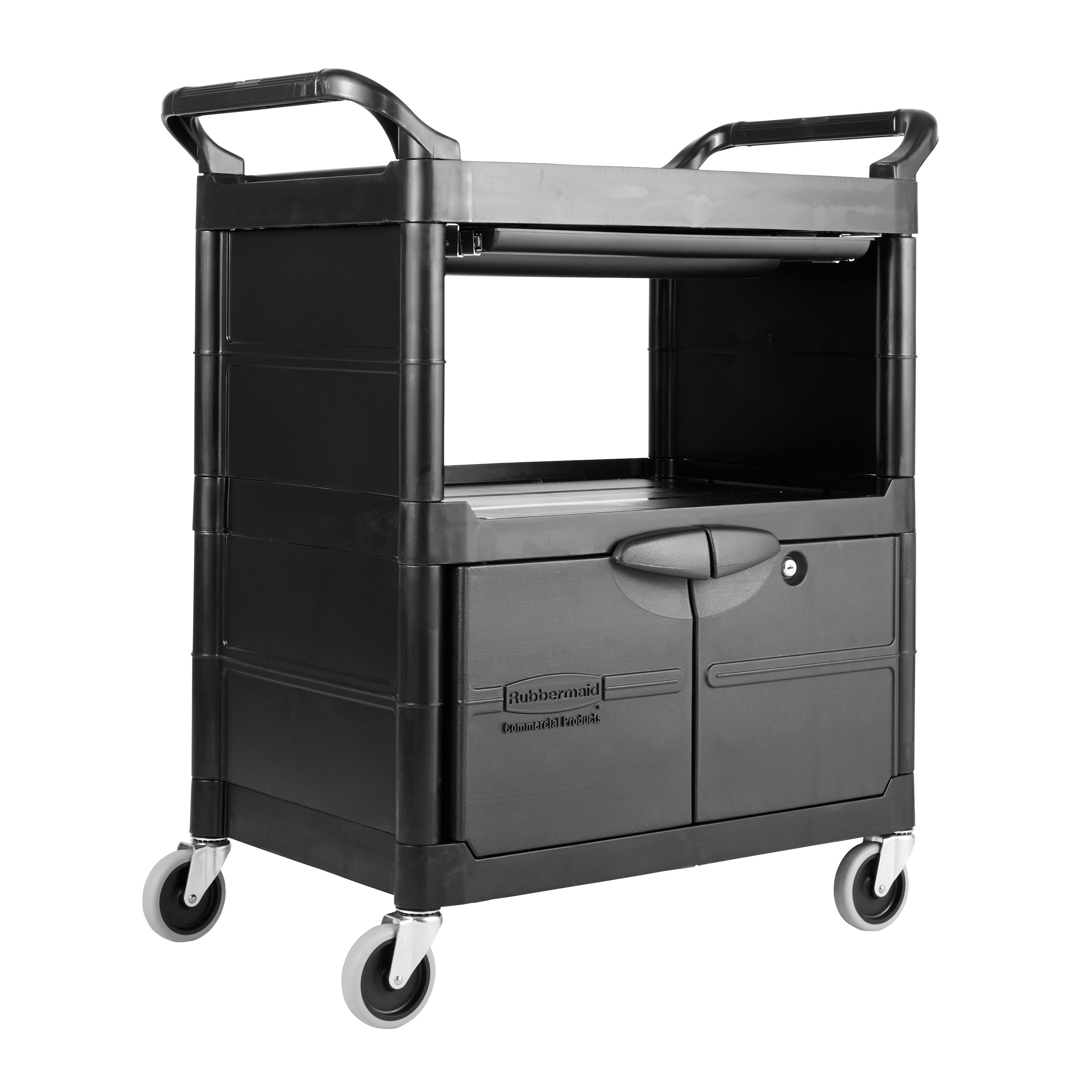 The Service Utility Cart with Lockable Doors and Sliding Drawer is a durable storage and transportation cart for front and back-of-house applications.