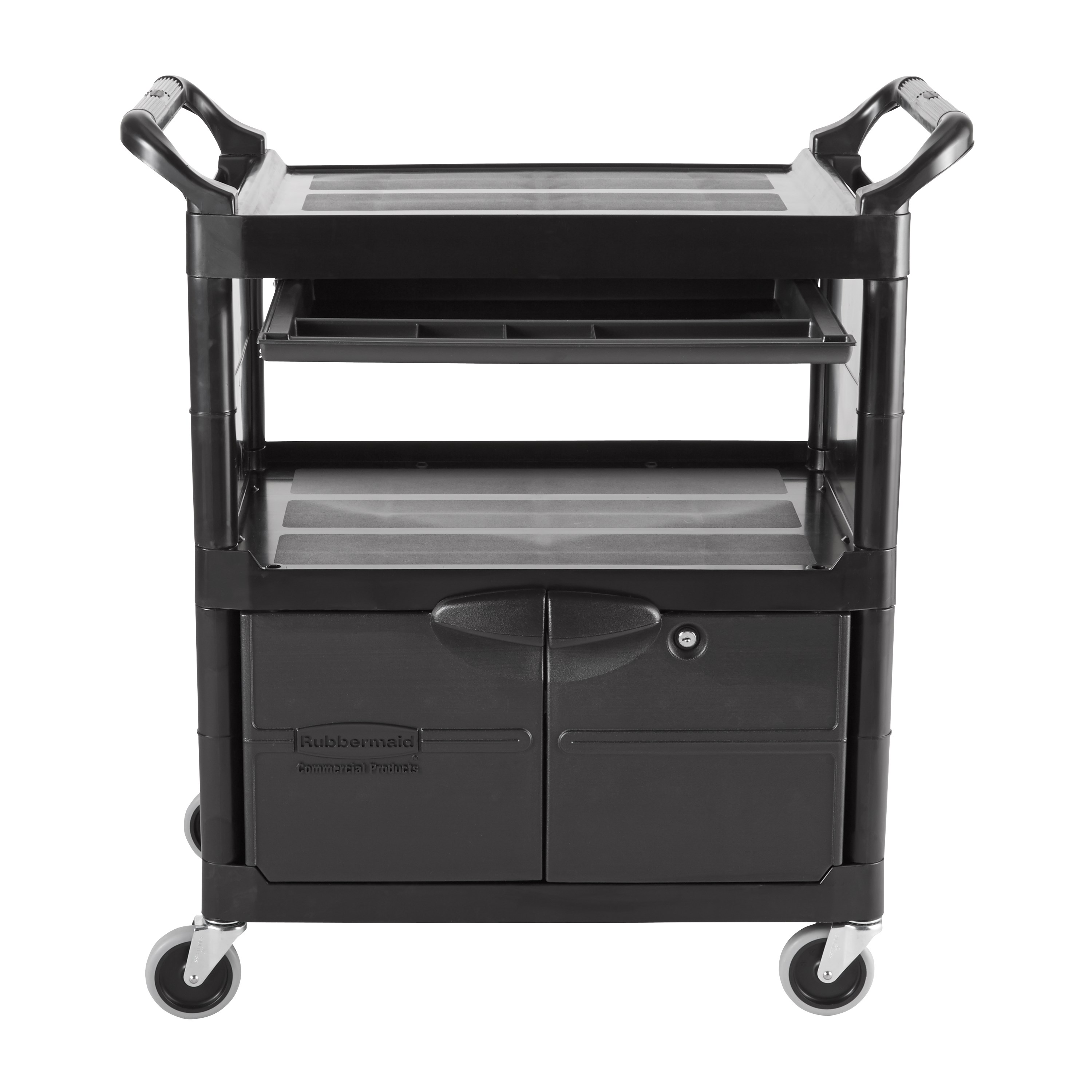 The Service Utility Cart with Lockable Doors and Sliding Drawer is a durable storage and transportation cart for front and back-of-house applications.