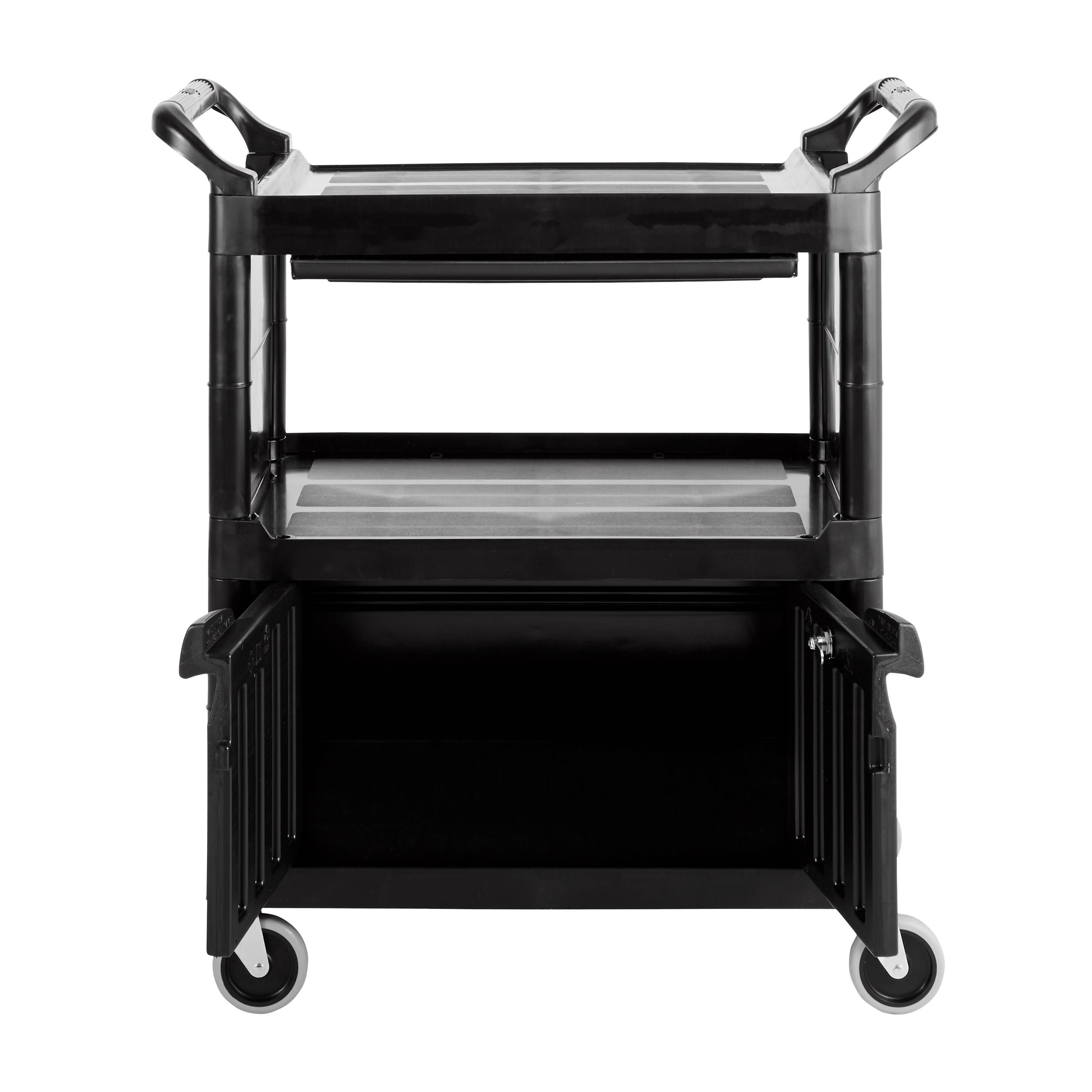 The Service Utility Cart with Lockable Doors and Sliding Drawer is a durable storage and transportation cart for front and back-of-house applications.