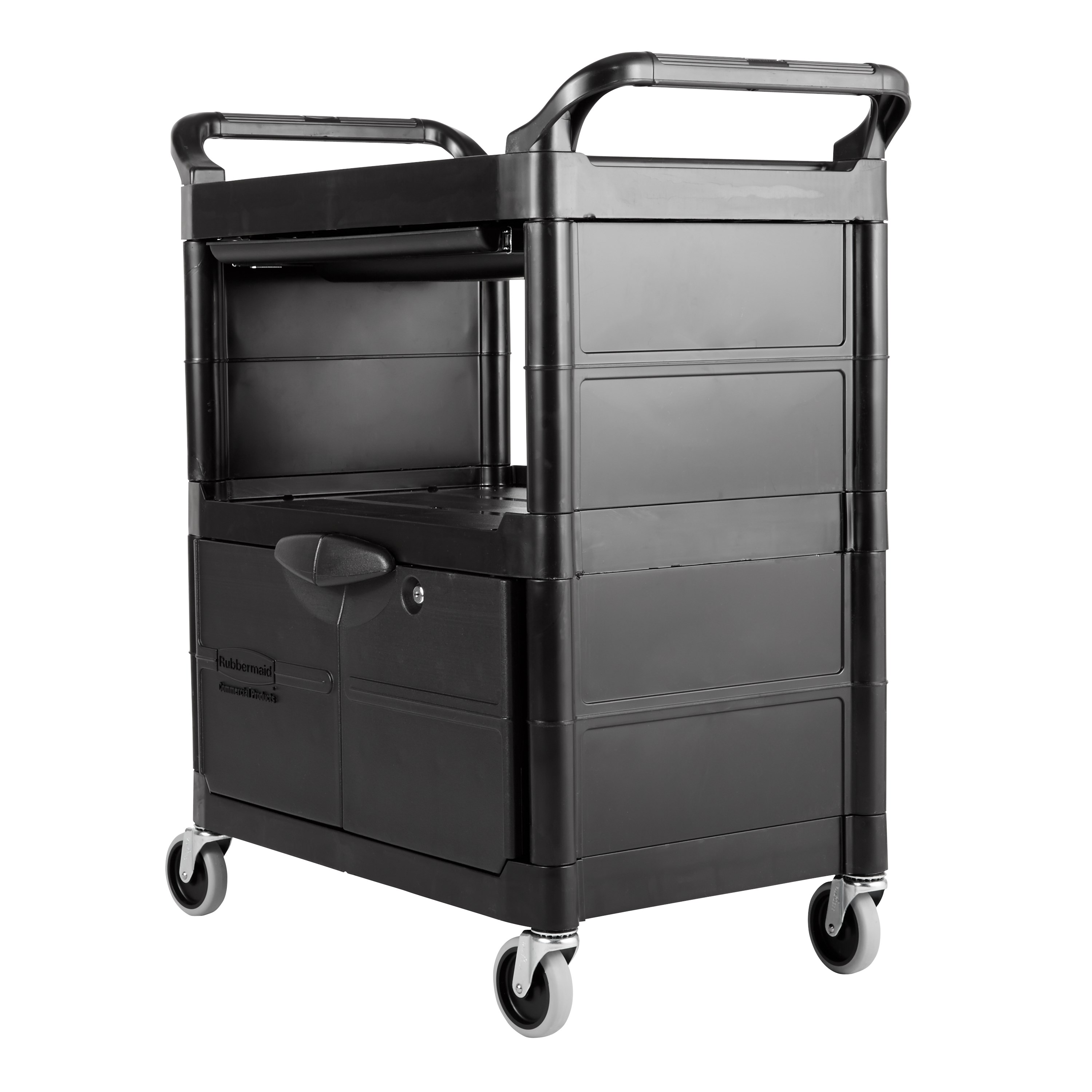The Service Utility Cart with Lockable Doors and Sliding Drawer is a durable storage and transportation cart for front and back-of-house applications.