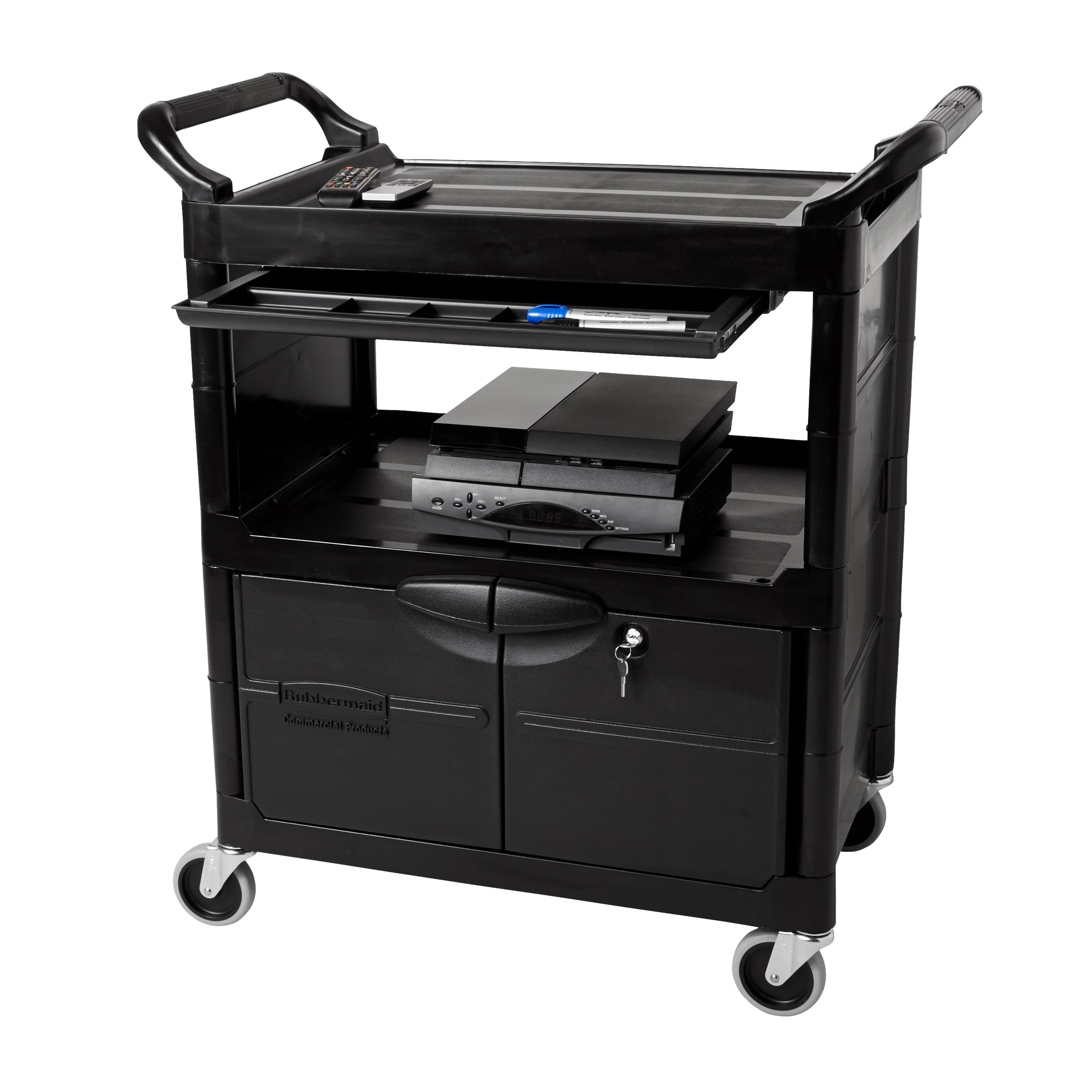 The Service Utility Cart with Lockable Doors and Sliding Drawer is a durable storage and transportation cart for front and back-of-house applications.