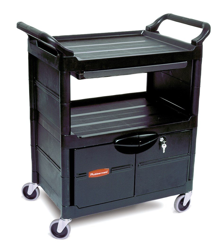 The Service Utility Cart with Lockable Doors and Sliding Drawer is a durable storage and transportation cart for front and back-of-house applications.