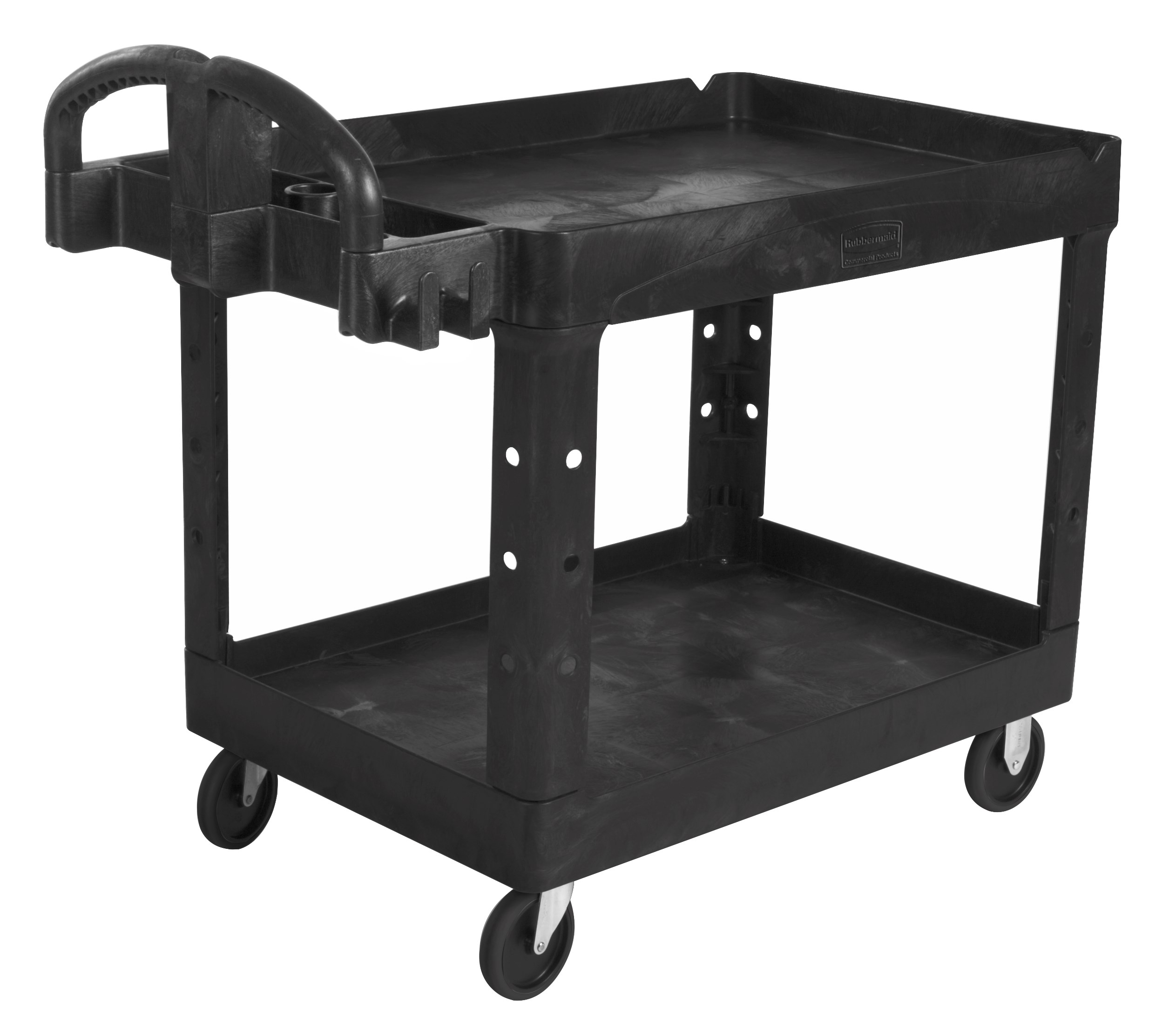 The Rubbermaid Commercial Executive Series Heavy Duty 2 Shelf Utility Cart with Quiet Casters. High-density structural foam construction makes this cart sturdy, lightweight, and maneuverable.
