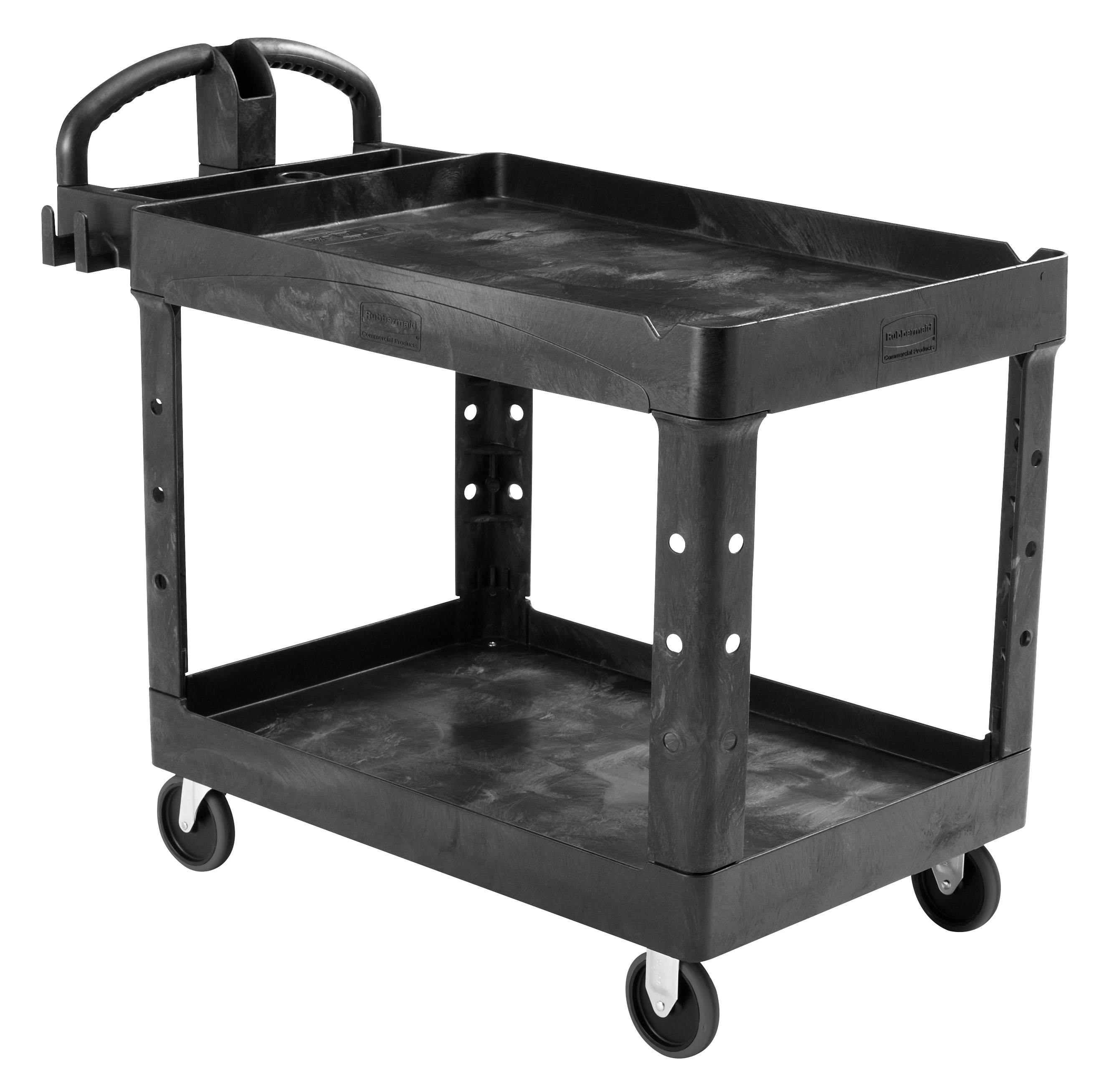 The Rubbermaid Commercial Executive Series Heavy Duty 2 Shelf Utility Cart with Quiet Casters. High-density structural foam construction makes this cart sturdy, lightweight, and maneuverable.