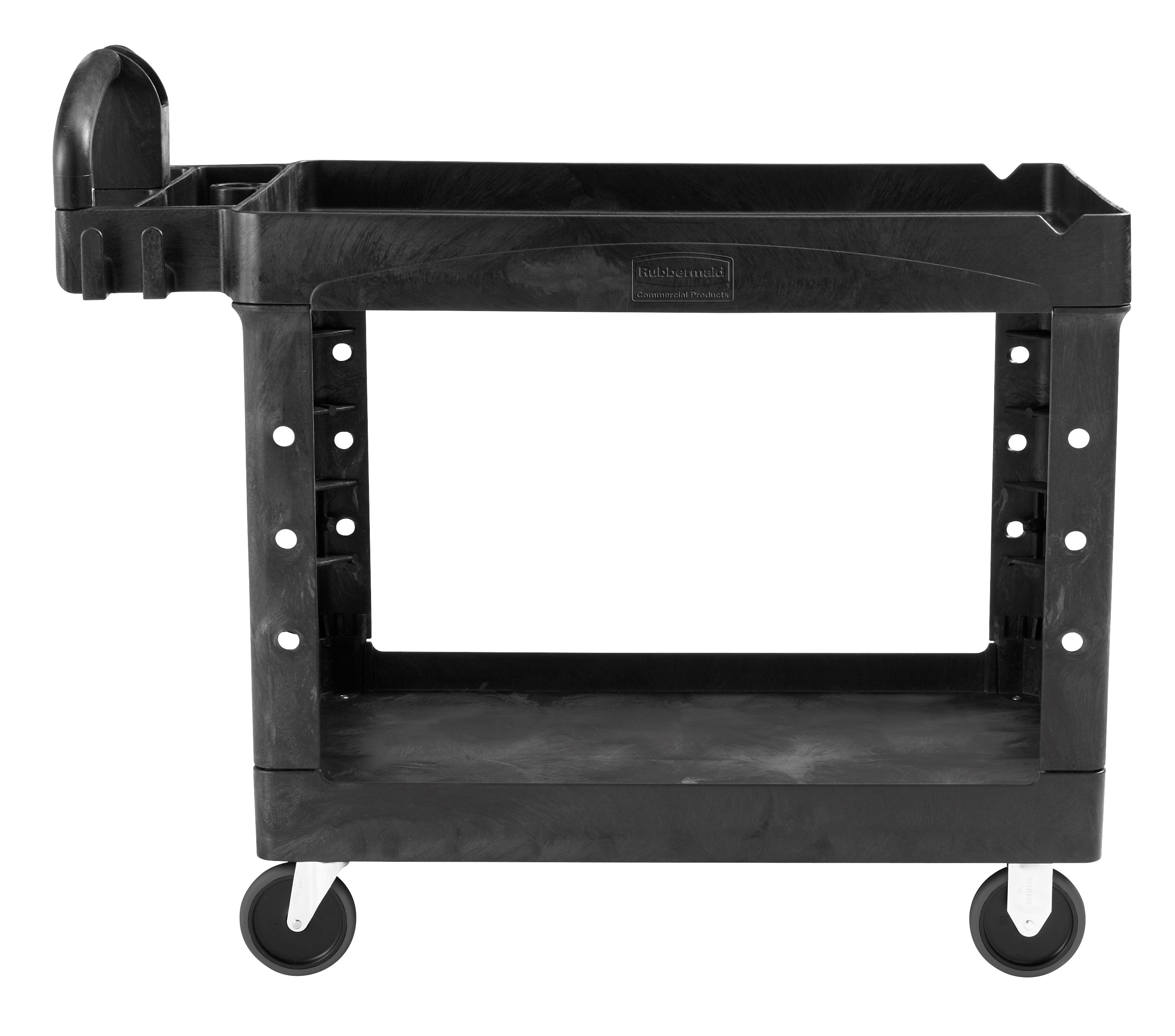 The Rubbermaid Commercial Executive Series Heavy Duty 2 Shelf Utility Cart with Quiet Casters. High-density structural foam construction makes this cart sturdy, lightweight, and maneuverable.