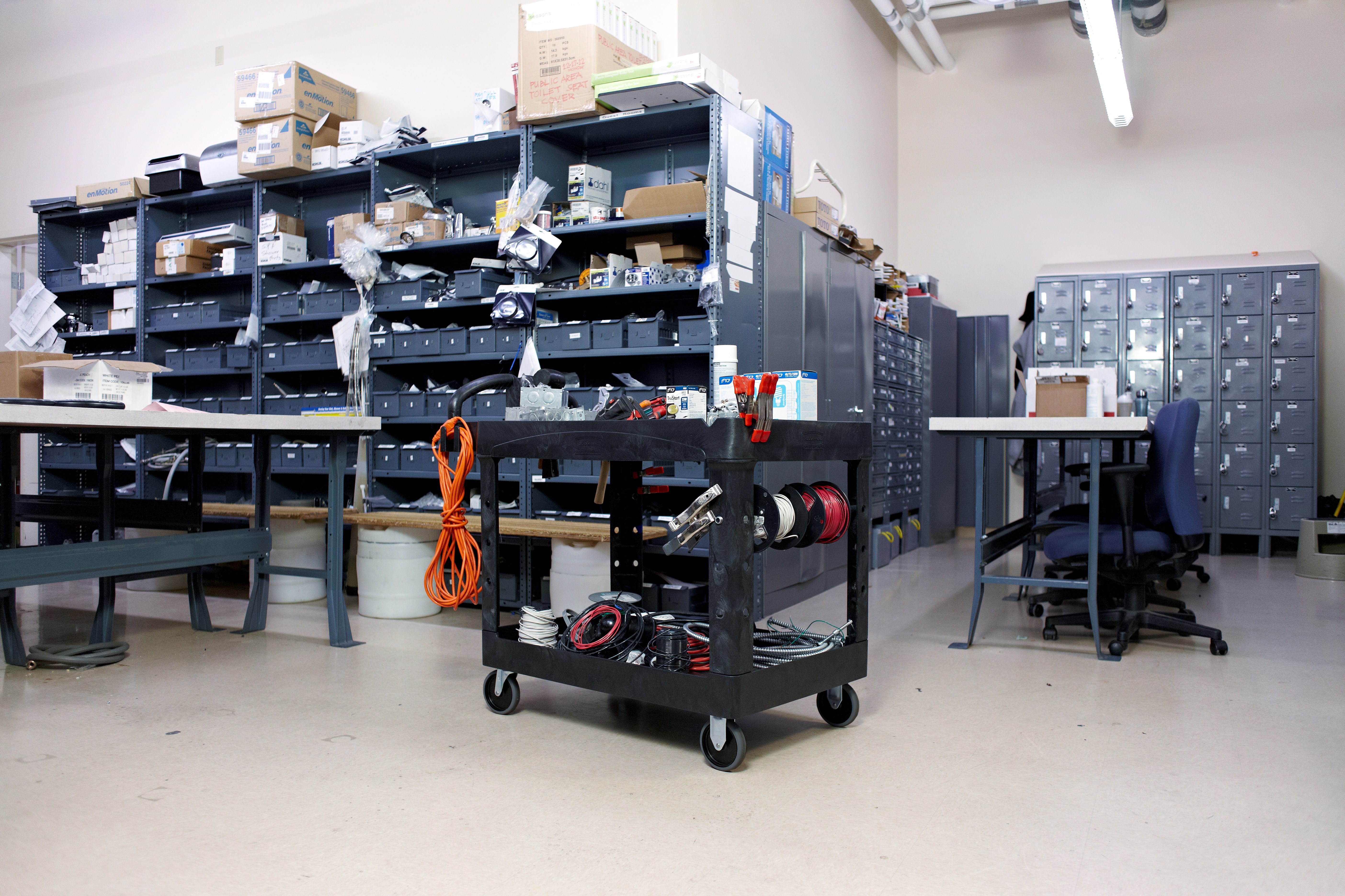 The Rubbermaid Commercial Executive Series Heavy Duty 2 Shelf Utility Cart with Quiet Casters. High-density structural foam construction makes this cart sturdy, lightweight, and maneuverable.