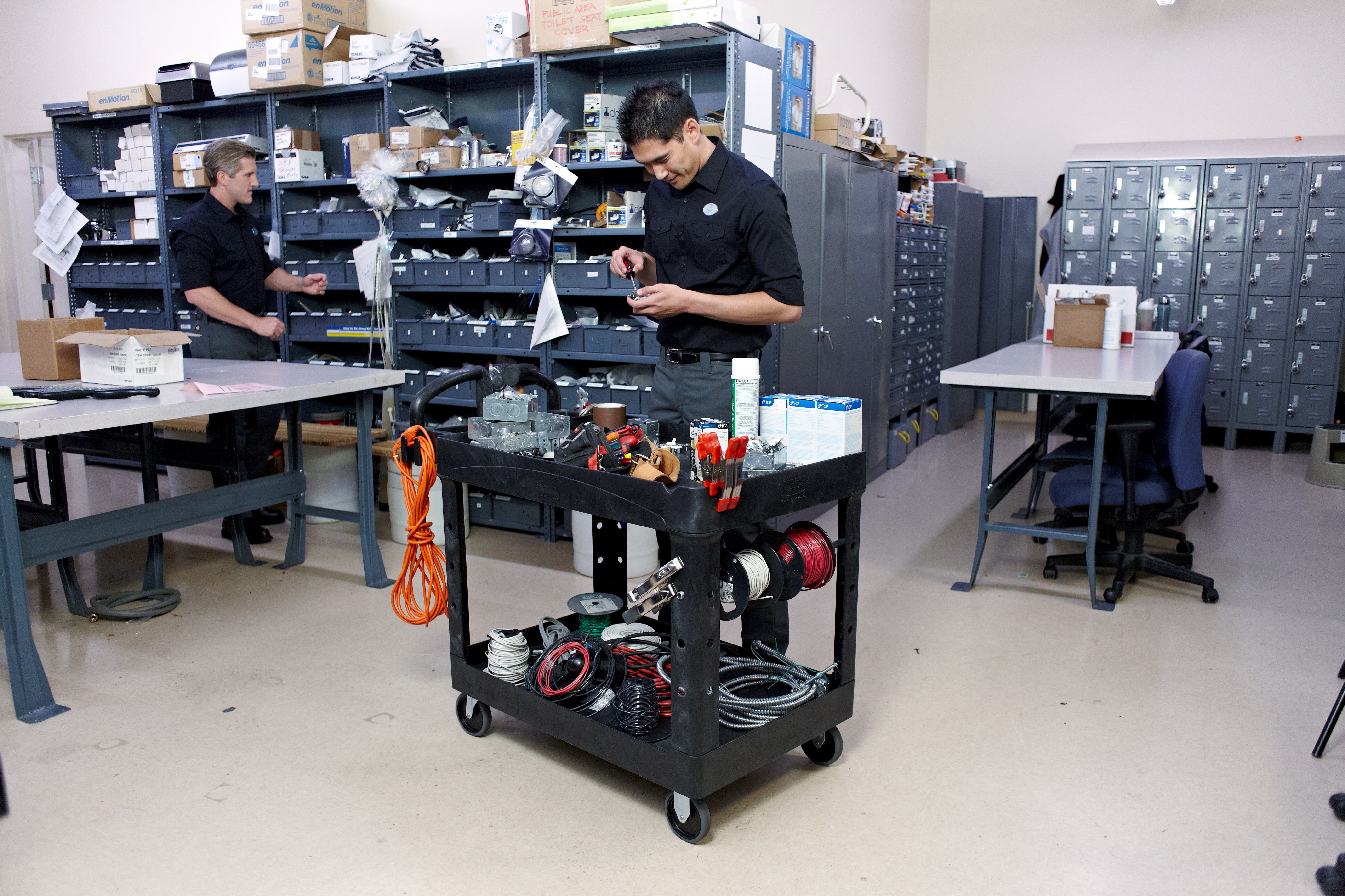 The Rubbermaid Commercial Executive Series Heavy Duty 2 Shelf Utility Cart with Quiet Casters. High-density structural foam construction makes this cart sturdy, lightweight, and maneuverable.