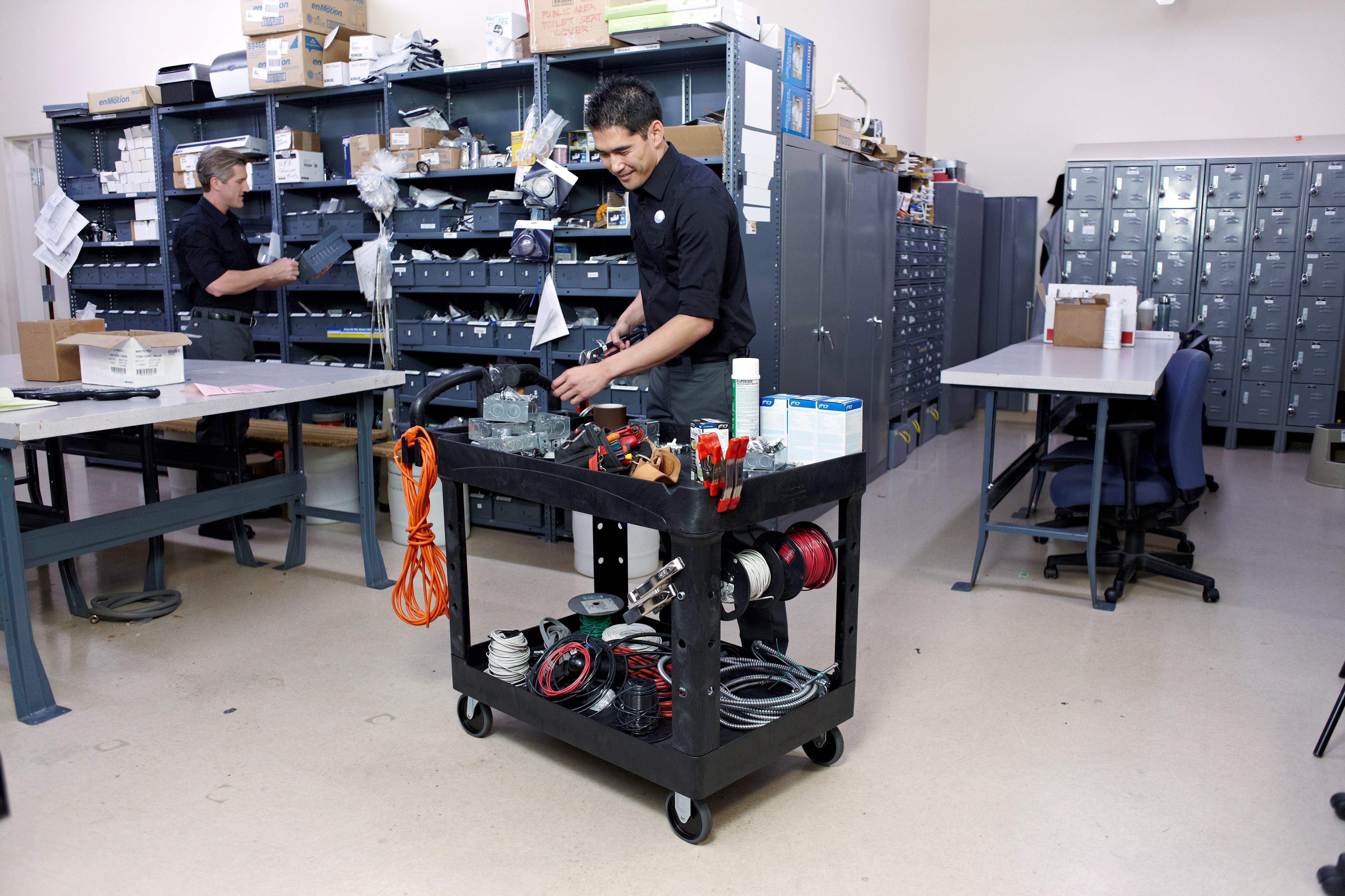 The Rubbermaid Commercial Executive Series Heavy Duty 2 Shelf Utility Cart with Quiet Casters. High-density structural foam construction makes this cart sturdy, lightweight, and maneuverable.