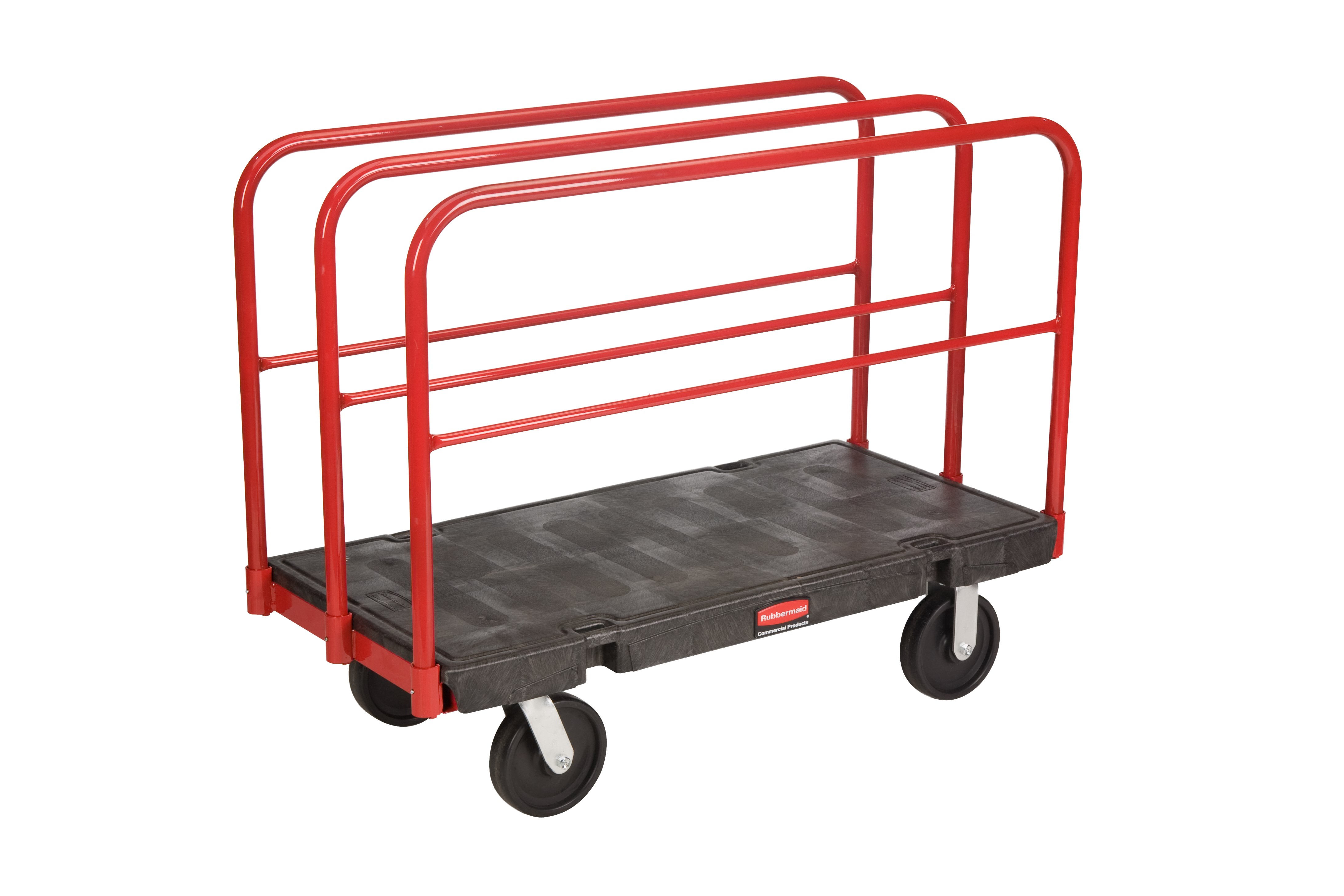 The Rubbermaid Commercial Sheet and Panel Truck has a 2,000-pound capacity and features built-in tie-down slots to secure loads while moving them and a textured surface greatly reduces slippage.