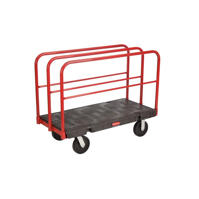 The Rubbermaid Commercial Sheet and Panel Truck has a 2,000-pound capacity and features built-in tie-down slots to secure loads while moving them and a textured surface greatly reduces slippage.