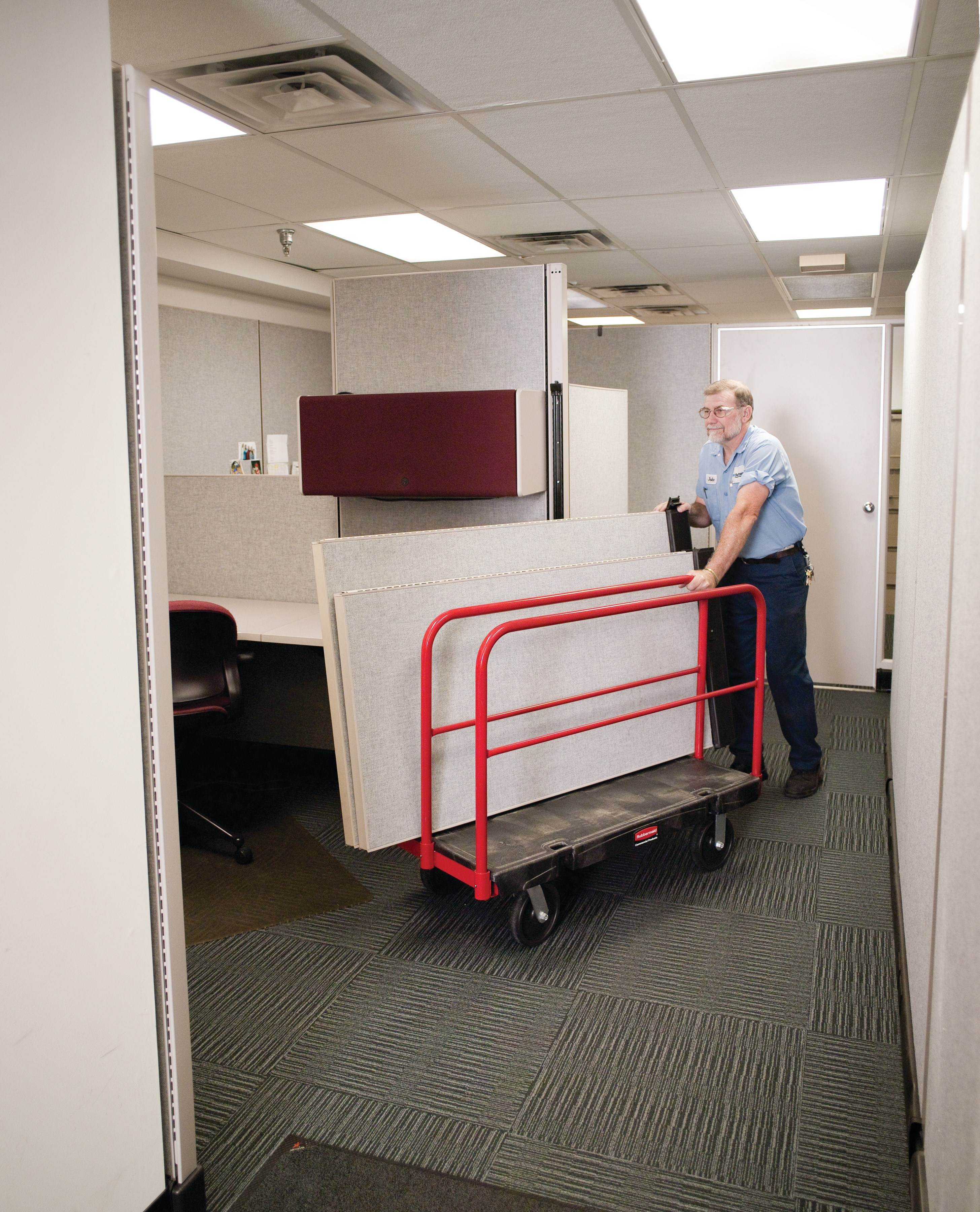 The Rubbermaid Commercial Sheet and Panel Truck has a 2,000-pound capacity and features built-in tie-down slots to secure loads while moving them and a textured surface greatly reduces slippage.