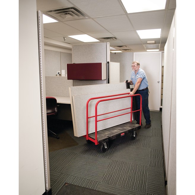 The Rubbermaid Commercial Sheet and Panel Truck has a 2,000-pound capacity and features built-in tie-down slots to secure loads while moving them and a textured surface greatly reduces slippage.