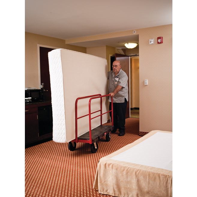 The Rubbermaid Commercial Sheet and Panel Truck has a 2,000-pound capacity and features built-in tie-down slots to secure loads while moving them and a textured surface greatly reduces slippage.