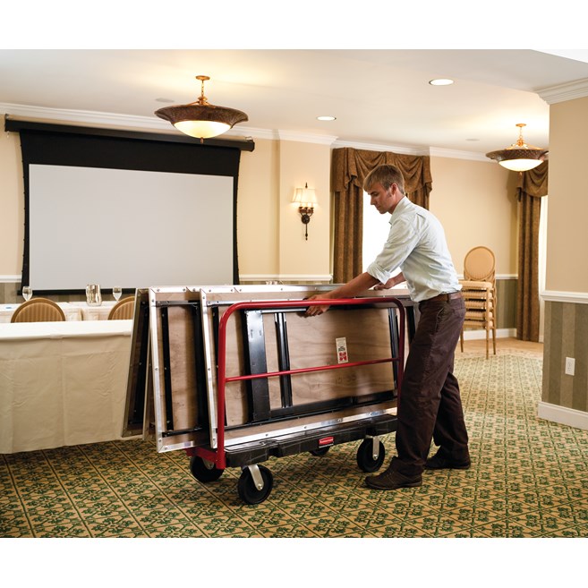 The Rubbermaid Commercial Sheet and Panel Truck has a 2,000-pound capacity and features built-in tie-down slots to secure loads while moving them and a textured surface greatly reduces slippage.